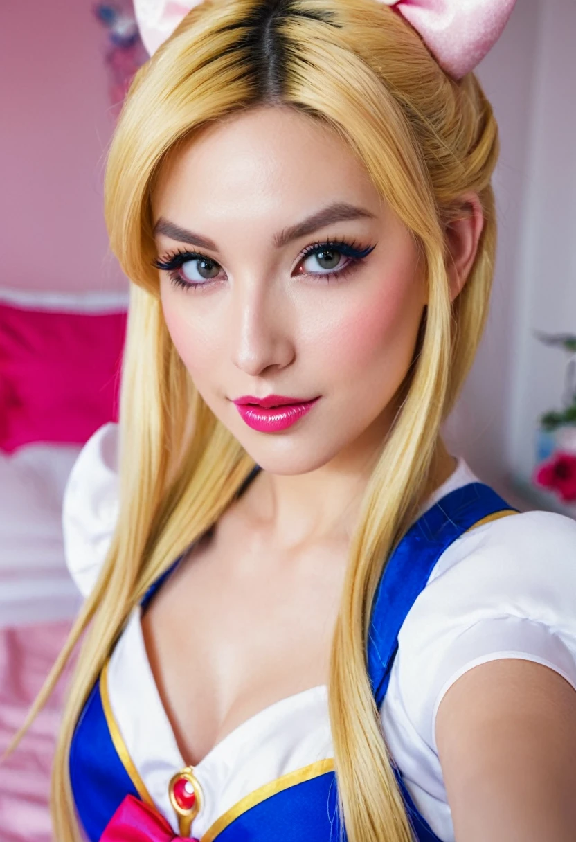 1. (Surprisingly Realistic) - An incredibly realistic portrait of a woman cosplaying Usagi Tsukino from Sailor Moon, featuring a selfie photo, with every intricate detail in her transformed costume meticulously captured in Ultra-High Resolution. 2. (Illustration) — A breathtaking illustration of a Usagi Tsukino cosplay selfie, showing her beautiful face smoothly with a home bedroom background, her iconic bow with accessories and radiant pink makeup that reflects a dreamy appeal