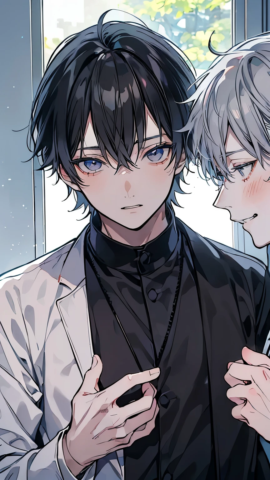 (Mastepiece), (Best Quality), Very detailed, ((Two friendly men:1.5)), Perfect Face, Beautiful Face, Very detailedな顔,(Black-haired man:1.3),(Grey-haired man:1.3)、Embarrassed