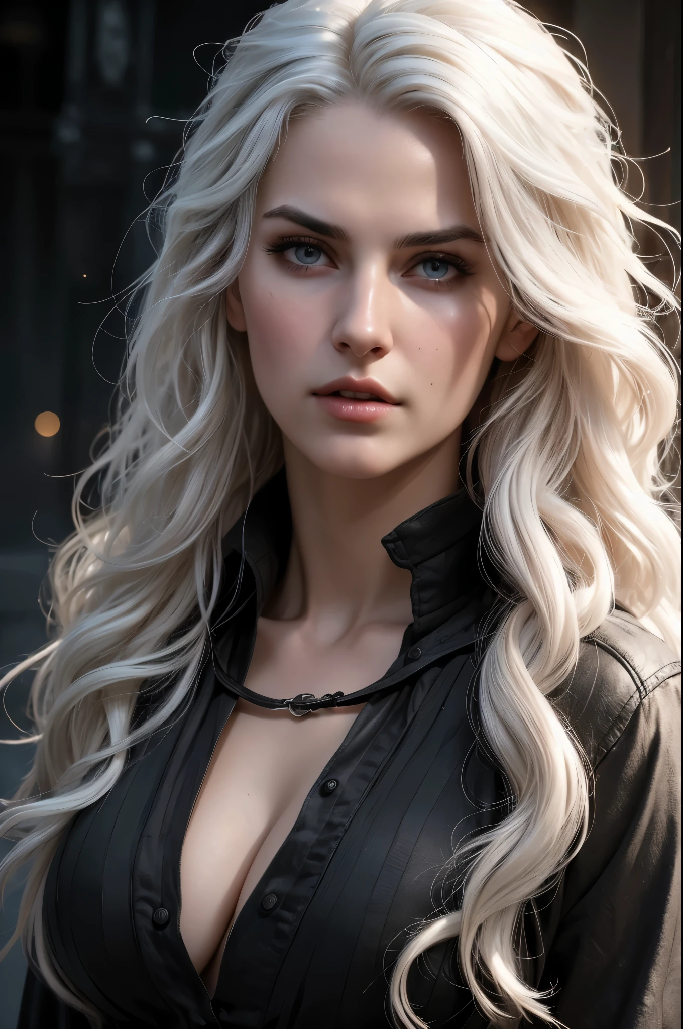 (masterpiece, absurdres, highres, ultra detailed), 1woman, wavy white hair, adult, black eyes, focus,handsome face, yennefer the witcher, charming, detailed eyes and face, angry expression, sky background