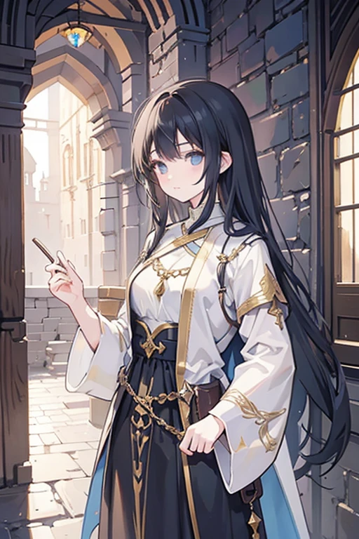 Human fantasy Thief Girl, medieval fantasy setting, human, 25 years old, long black hair, Arab features. fantasy medieval clothes inside a dungeon