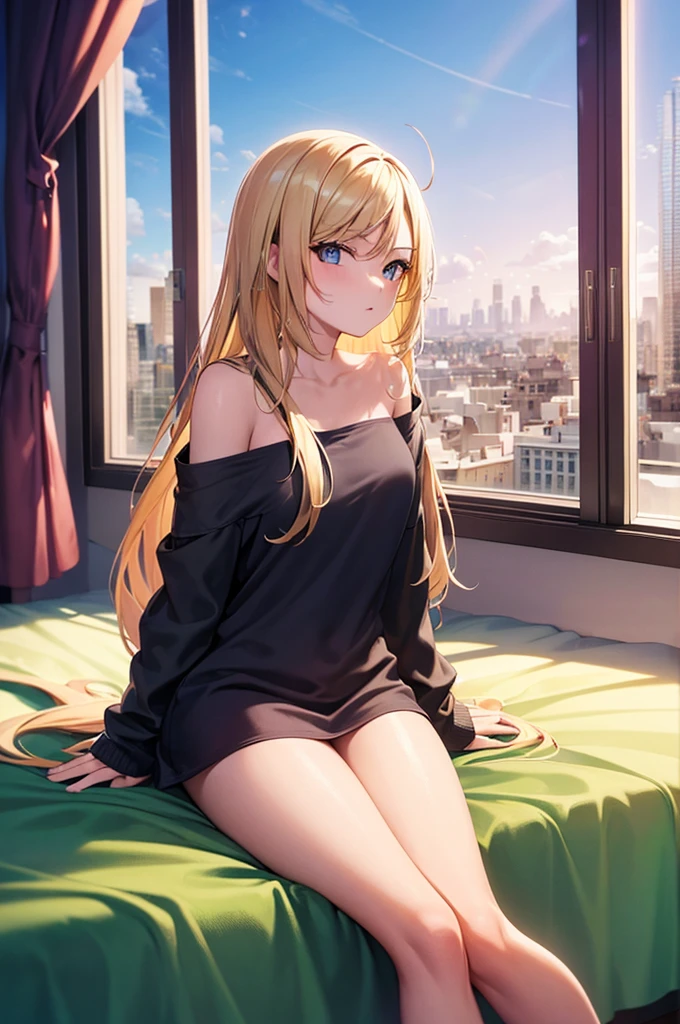 a hot 18 year old girl sitting in bed (she is naked) (long blonde hair) there an window behind the bed the view of the city