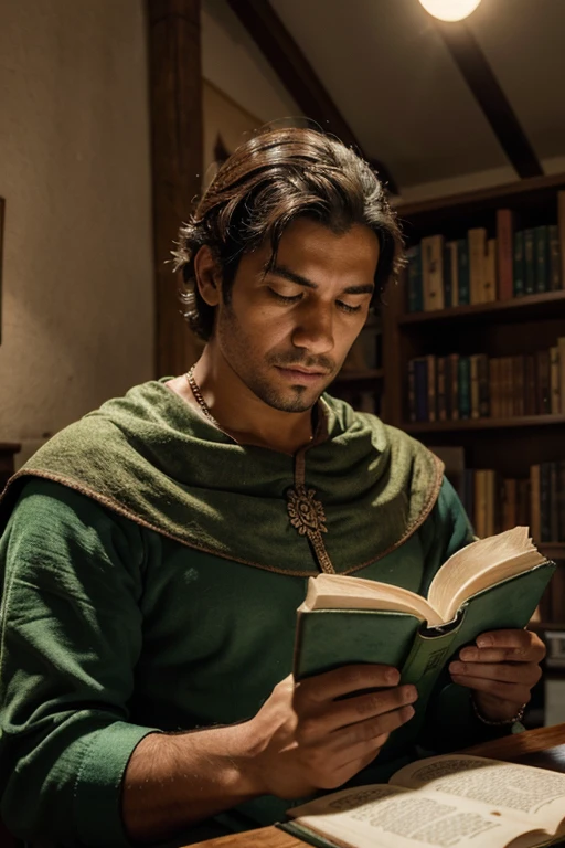 homem brasileiro 30 anos de capus verde estudando com livro numa sala medieval,vemos pouco do seu rosto . it is lit by a very bright moon