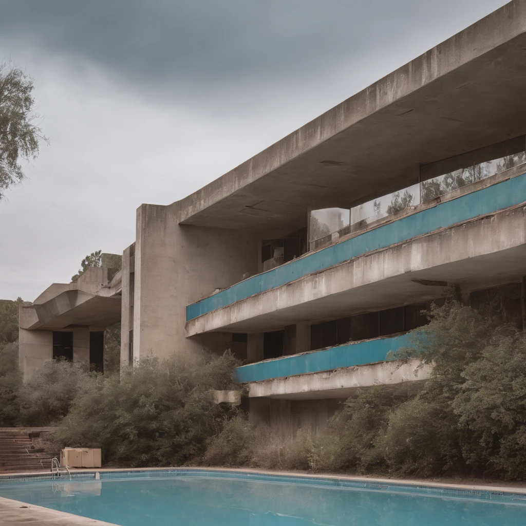An abandoned brutalist building with a swimming pool and many advertisements for music houses, with abandoned and broken rock instruments