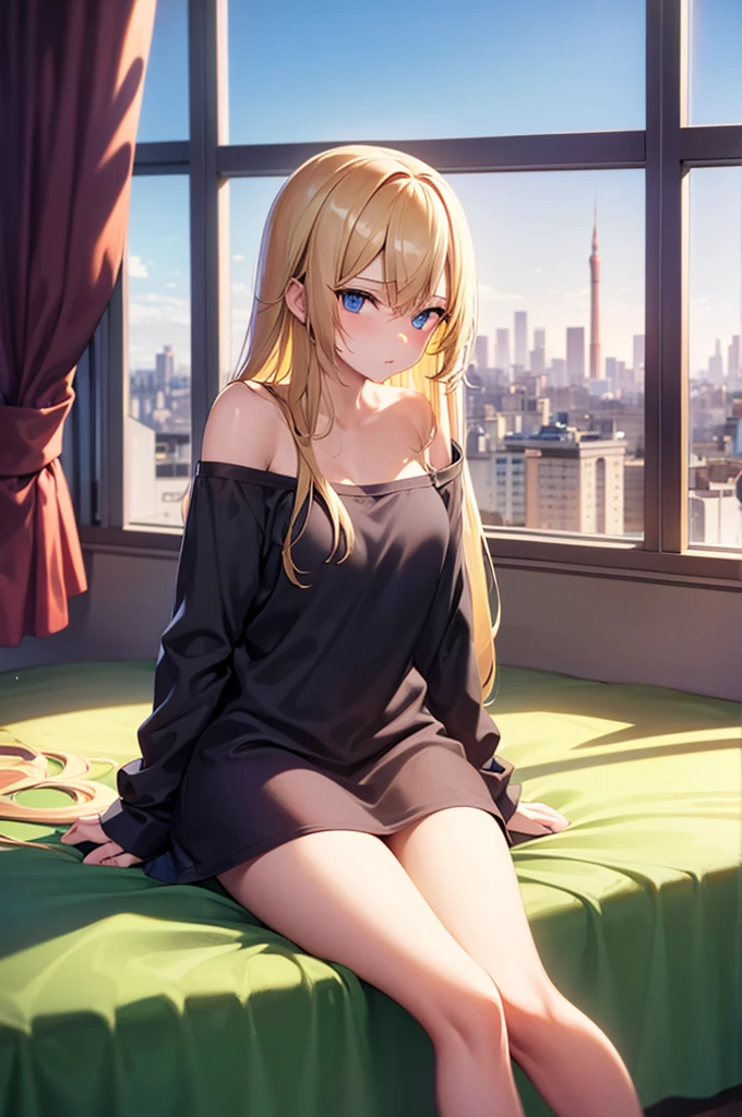 a hot 18 year old girl sitting in bed (she is naked) (long blonde hair) there an window behind the bed the view of the city