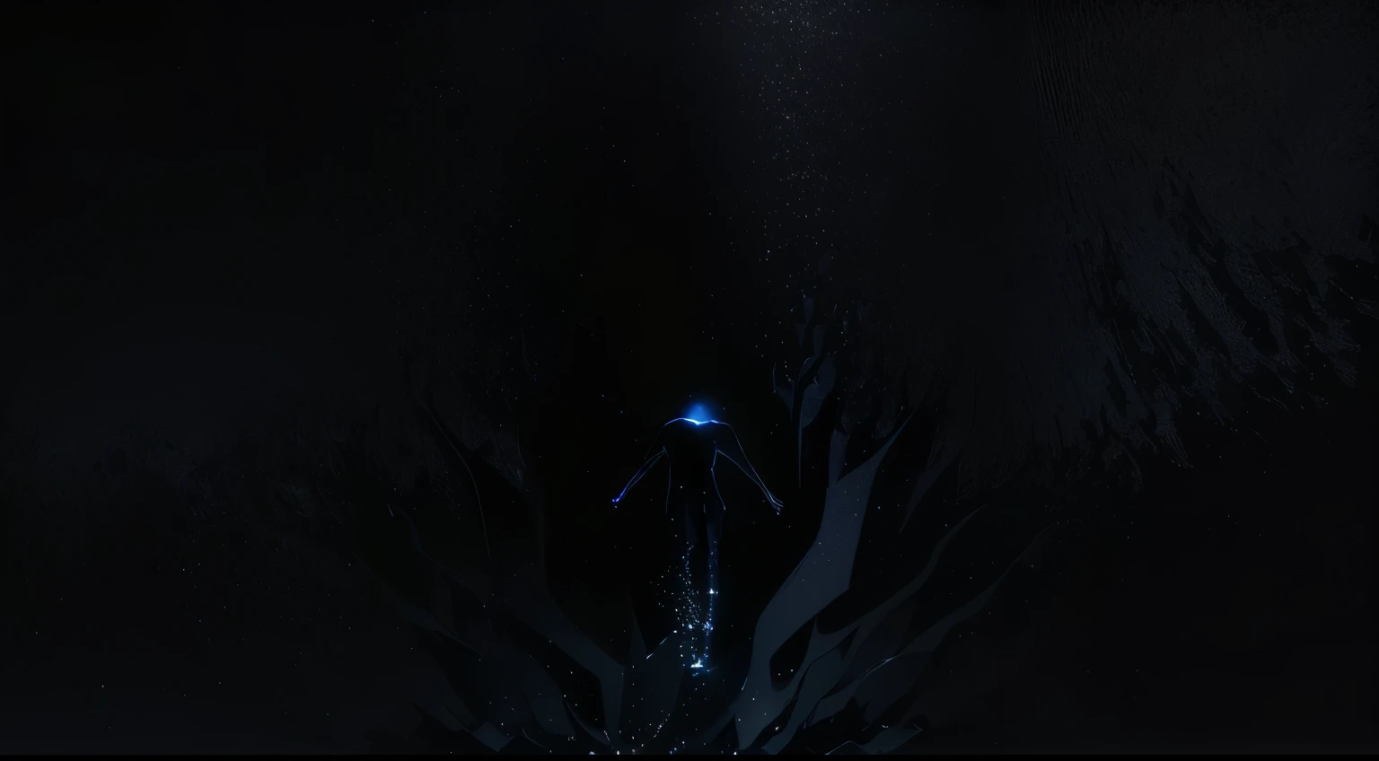 silent, empty, void, discarded, silent empty space, dark void, cold dark abyss, in the background a small figure stretch arms out towards a tiny spark of light, the focus of the image is the empty black space, minimalist, small dark ripples with glittering reflections on the ground, darkness envelops the scene