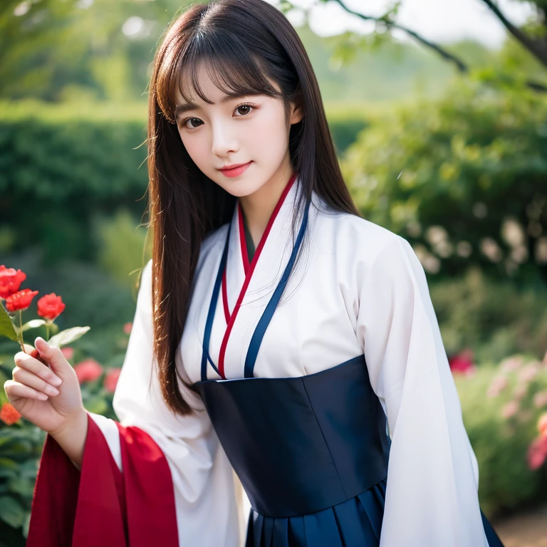 Close-up of a woman in a dark red, dark black, dark blue dress., standing in the garden, beautiful south korean woman, white Hanfu, Korean girl, korean woman, korean Hanbok, beautiful young korean woman, korean woman, Hanbok, Japanese clothes, Hanfu, Hanbok apron, นางแบบแฟชั่นkorean woman, traditional chinese clothing Taken with a high quality camera 45,000,000,000 pixels 16k,,