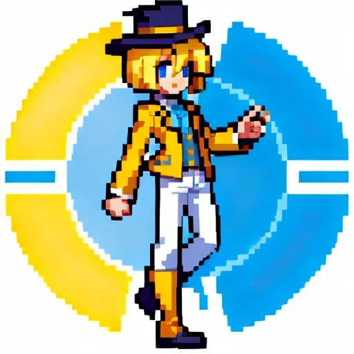 Pixel art, full body, facing left (important), alone, standing upright, small yellow top hat, long sleeve tuxedo, boots. Hair color: Light medium blonde bob with parted bangs.
Eye color: Blue eyes.
Above: He wears an orange long-sleeve tuxedo with an open front and a yellow vest underneath.
Shirt: He wears a white shirt and green tie.
Trousers: white pants.
Shoes: Yellow boots.