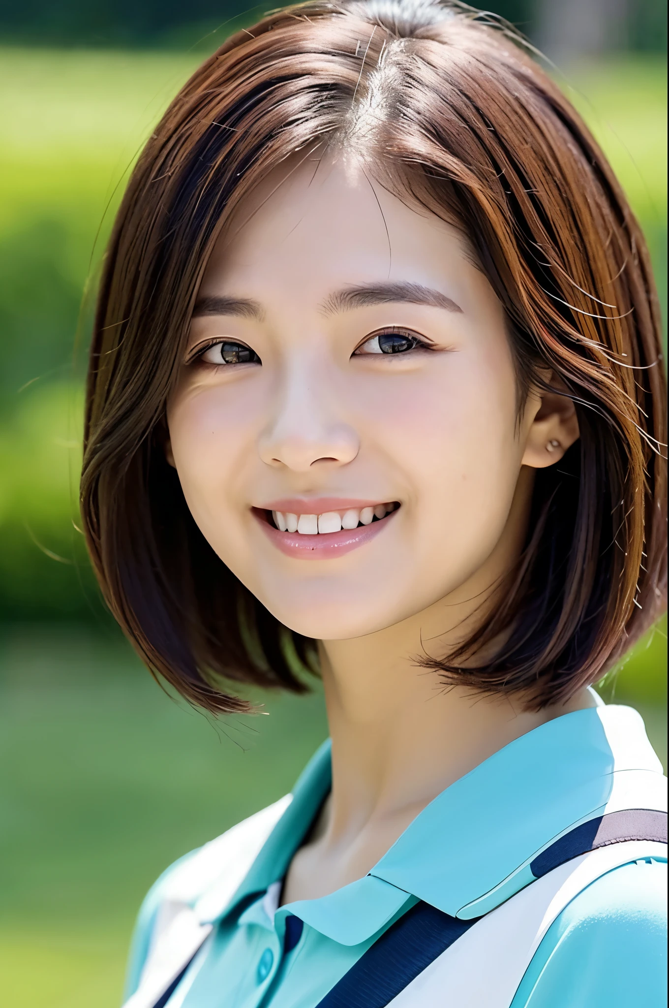 Beautiful woman、smile、golf、Commemorative photo、Realistic Skin、Short Bob、Beauty、Elegant