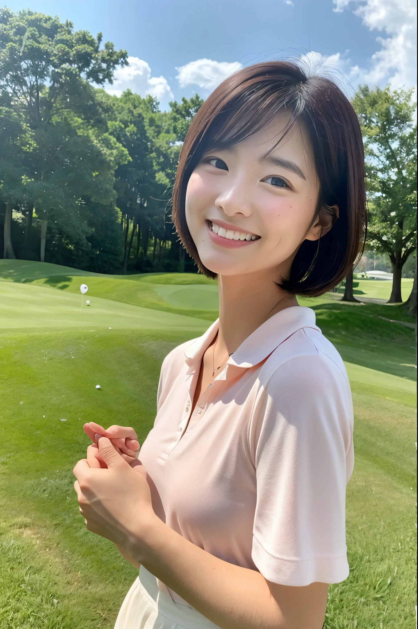Beautiful woman、smile、golf、Commemorative photo、Realistic Skin、Short Bob、Beauty、Elegant
