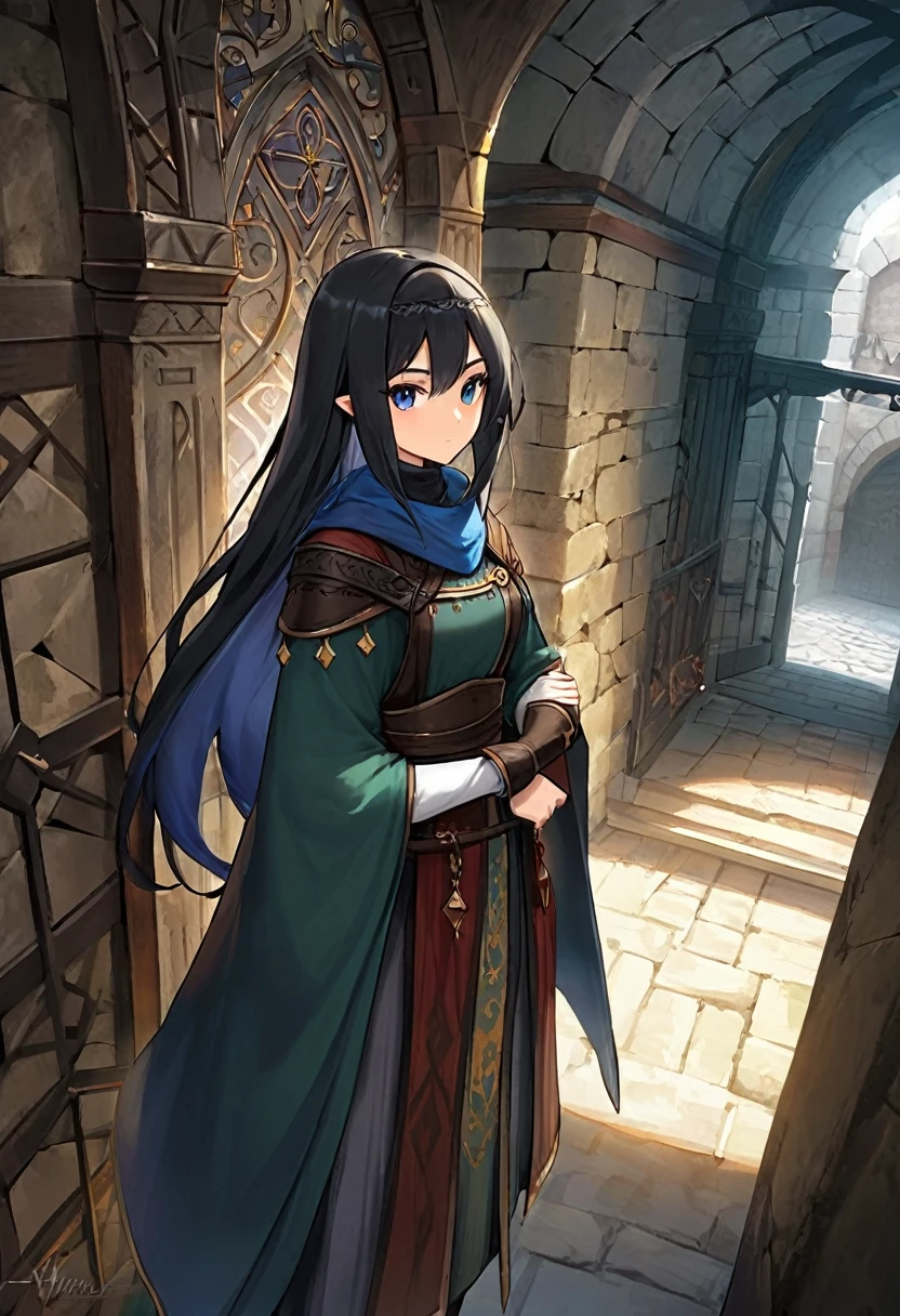 Human fantasy Thief Girl, medieval fantasy setting, human, 25 years old, long black hair, Arab features. fantasy medieval clothes inside a dungeon