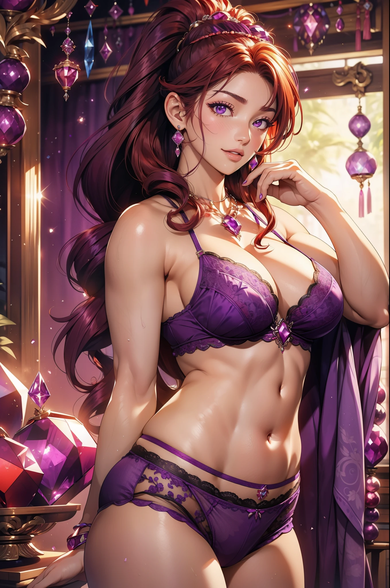 23-year-old beauty, high ponytail, beaded hairband, long red curly hair, big breasts, ((purple gem color underwear)), erotic