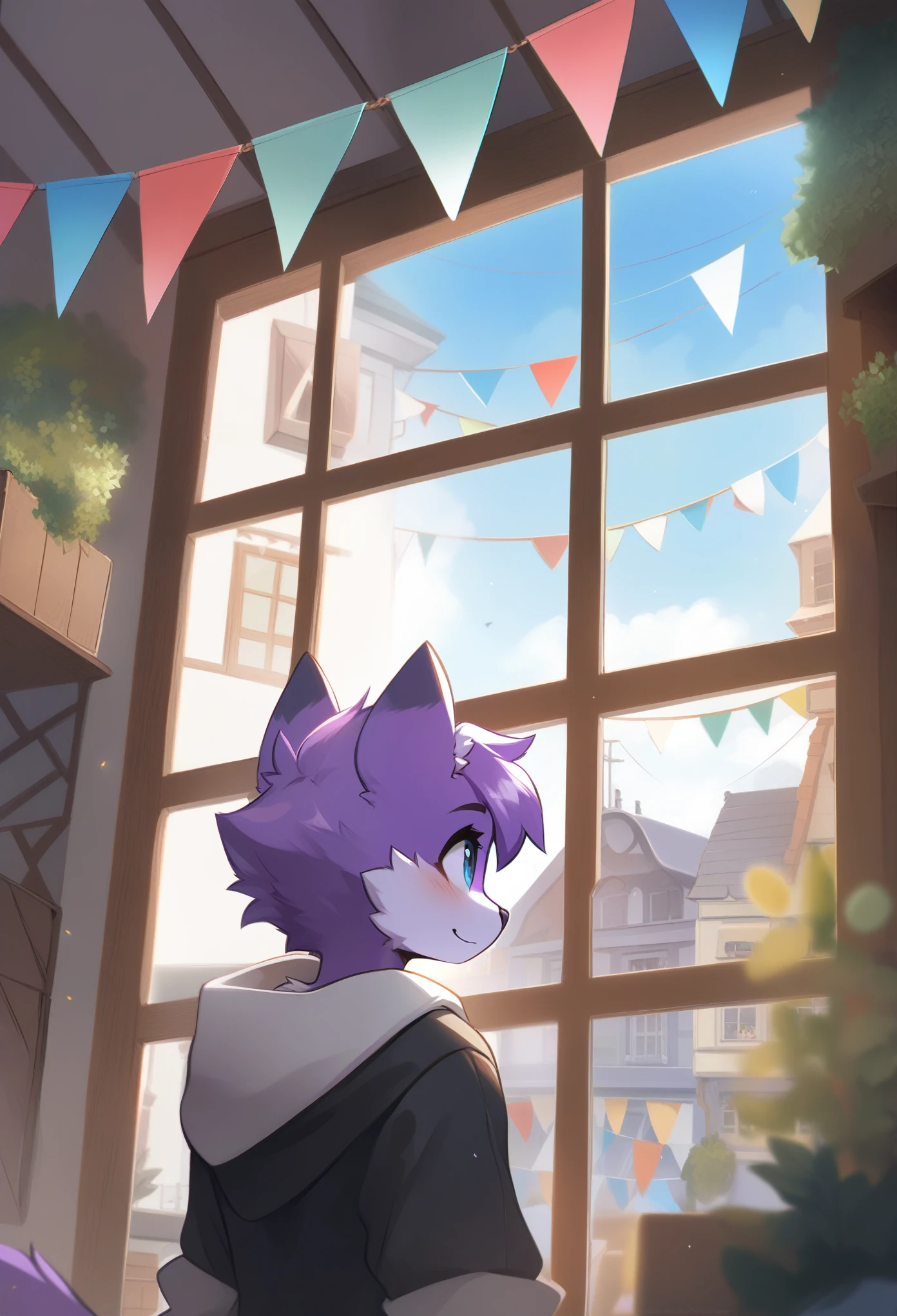 kemono (ashley \(mewgle\):1.25), (purple fur, fluffy tail), standing, white tribal outfit, waving at viewer, (half-length portrait, three-quarter view, front view:1.25), BREAK, bunting \(banner\), town, plant, inside, window, foreground, detailed background, depth of field, ambient silhouette, masterpiece, best quality,