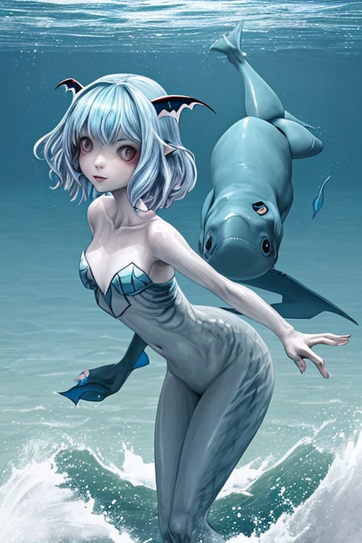 A half-girl, half-shark creature with in the water ressemblant à une sirène.