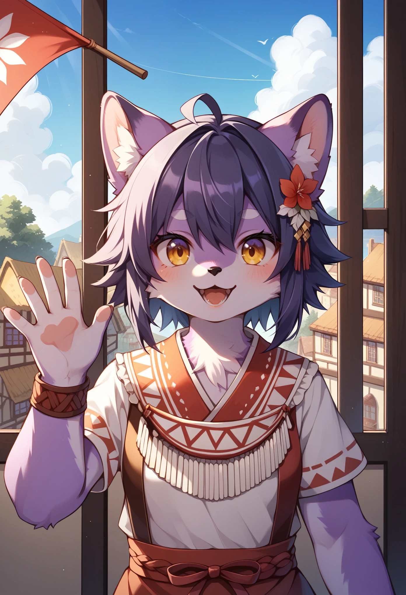 score_9, score_8_up, score_7_up, solo, kemono (ashley \(mewgle\):1.25), (purple fur, fluffy tail), standing, white tribal outfit, waving at viewer, (half-length portrait, three-quarter view, front view:1.25), BREAK, bunting \(banner\), town, plant, inside, window, foreground, detailed background, depth of field, ambient silhouette, masterpiece, best quality,