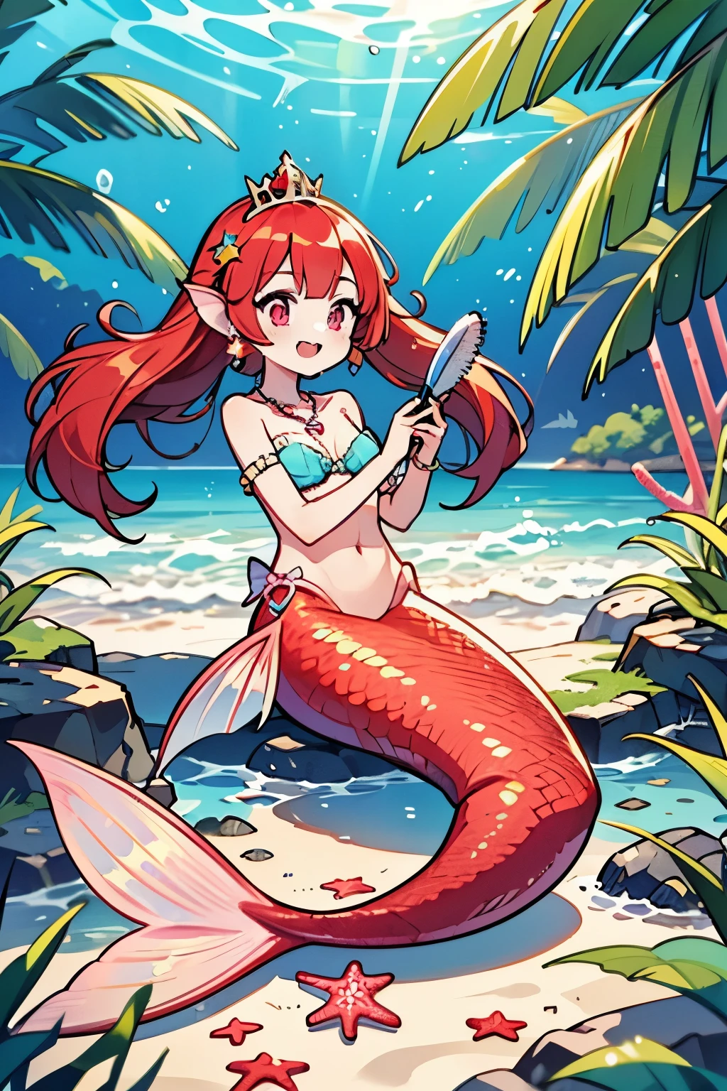 hellandheaven, 1girl, solo, underwater sea, coral, fish,mermaid, mermaid tail below waistline, large breasts, cleavage, bra, full body, red blush,
