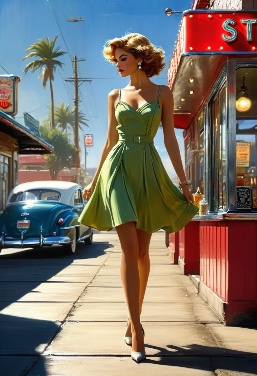 Cartoon beautiful model in a cute dress standing outside of a diner holding, fashionable, windy, art deco, anime.Peter Elson style, Alexey Maleev, Ryohei Hase, Rafael Sanzio, Pino Daeni, Charlie Bowett, Albert Joseph Peno, Ray Caesar, Ritts grass style, color.. .top quality, masterpiece, (Full-length, wide angle, centered, no cropping) - ar 9:16 - ar 1:2
