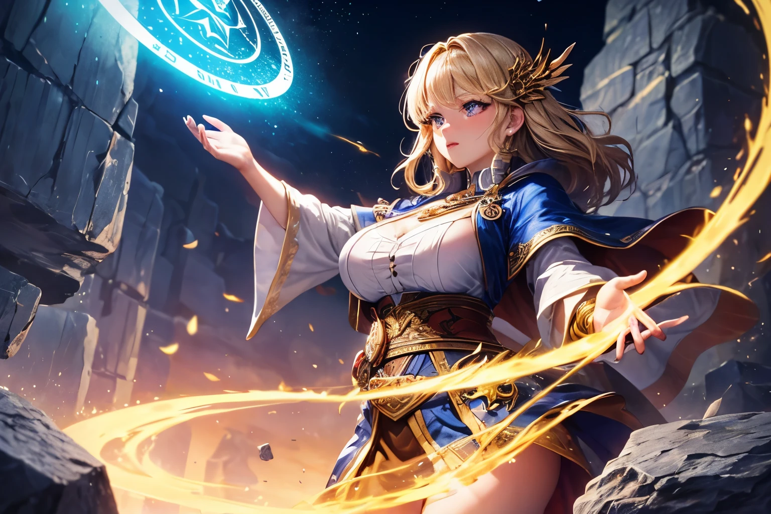 ((worst quality, low quality)), Maste Piece, highest quality, ultra detail, masterpiece, (wizard girl), (big breasts), plump and glossy lips, beautiful clear eyes, spoken heart, A wizard girl holding a spellbook in her left hand holds out her right hand and activates the magic, (Perfect hands:1.3), (Dynamic pose that activates magic:1.2), The activation is earth magic, (stones flying:1.4), a rock wall appears from the ground with a magic circle drawn on it, the effect of the rock, earth magic, (rock effect:1.2), Landscape with cliffs lined with rocks,