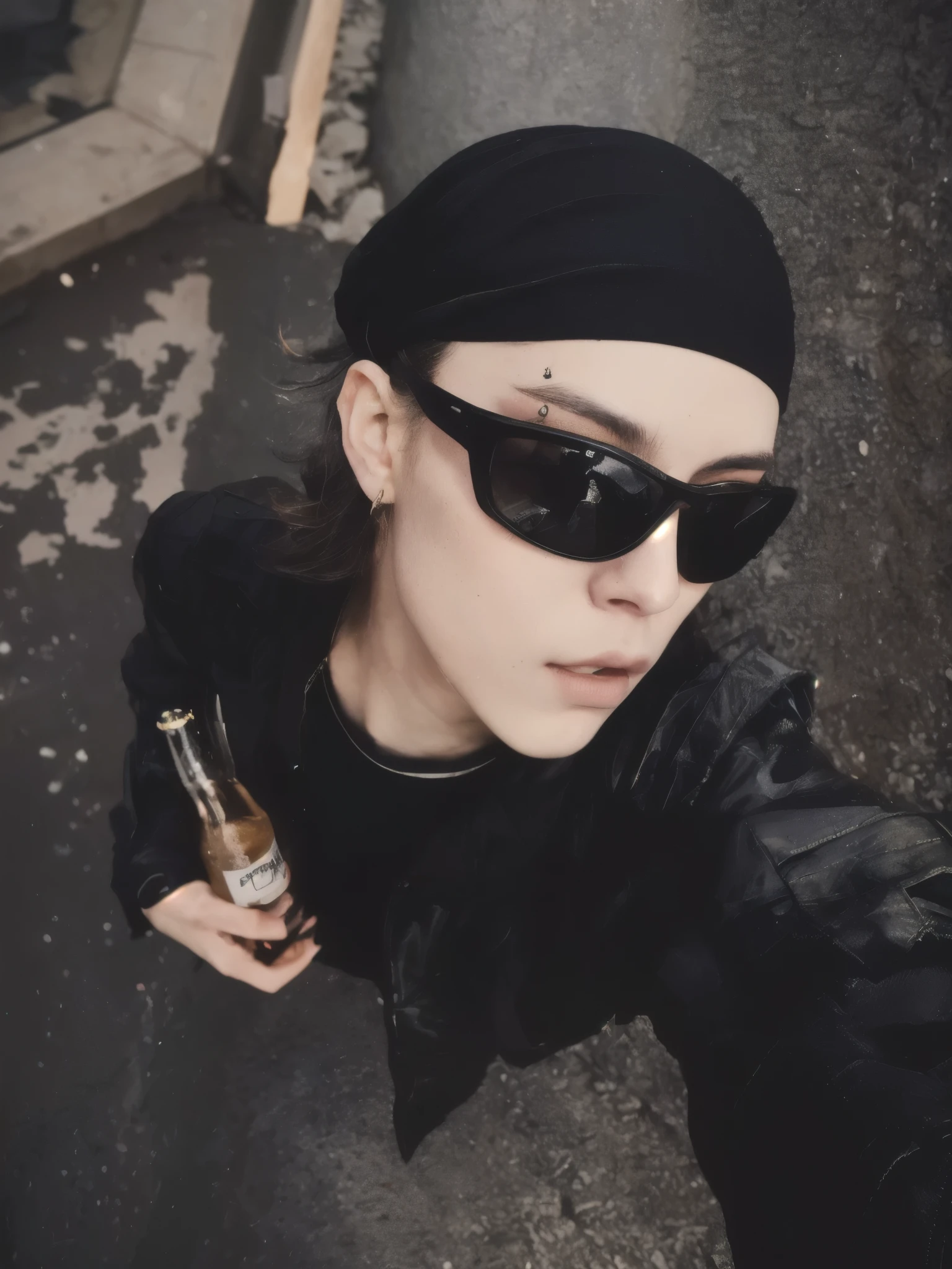 arafed woman with sunglasses and a black headband holding a beer, drinking beer, jovana rikalo, drinking a beer, cyberpunk))), felix englund style, ville valo, postapocalyptic vibes, akira toriyama 📹, with a drink, androgynous person, holding a beer!!, looking heckin cool and stylish
