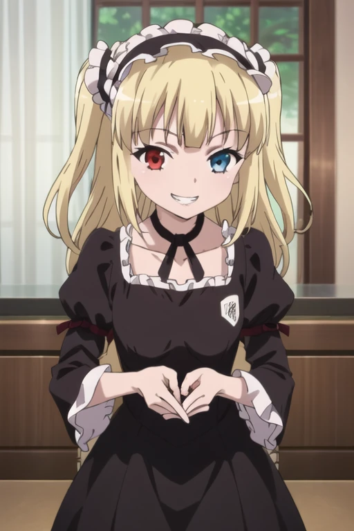 (((Pixel Perfect, Perfect in every detail))), alone, One girl, Kobato Hasegawa, Heterochromia iridis, Red eyes, Gothic, Black Dress, hair band, View Viewer, Grin, smile