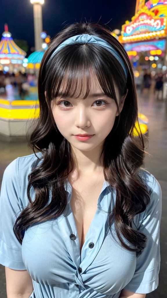 Female((35year old)), hair((wavy, long, black)), eyes((small eyes, black eyes)), clothes((shirts, blue, light blue pattern)), accessorieickey mouse hairband)), medium breast, korean make-up look, amusement park, crying a little、cold gaze, fountain, ferris wheel,
