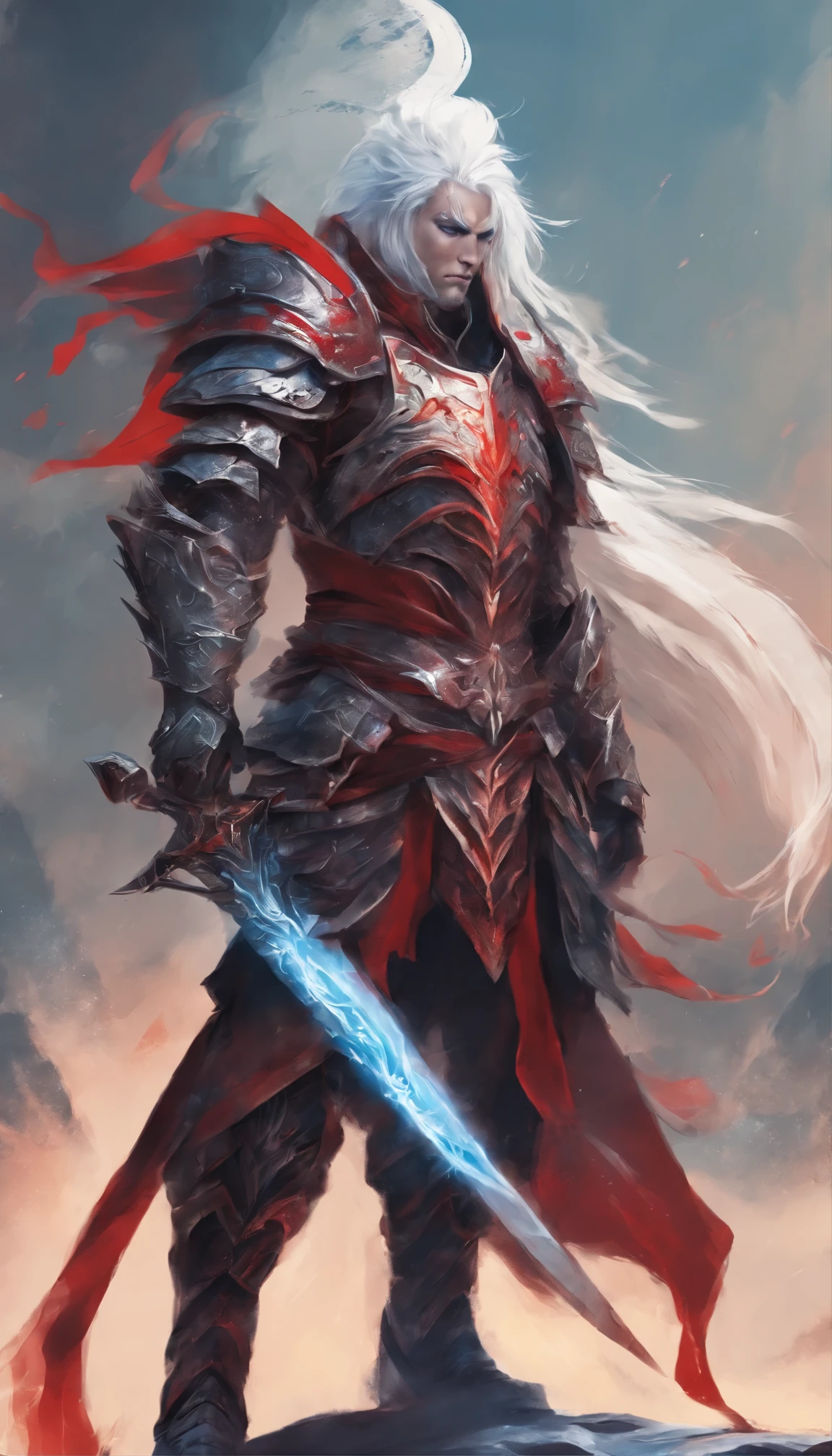 A warrior with white flowing hairs wearing a red dragon armour his sword blue in color covers his face stunning beauty handsome
