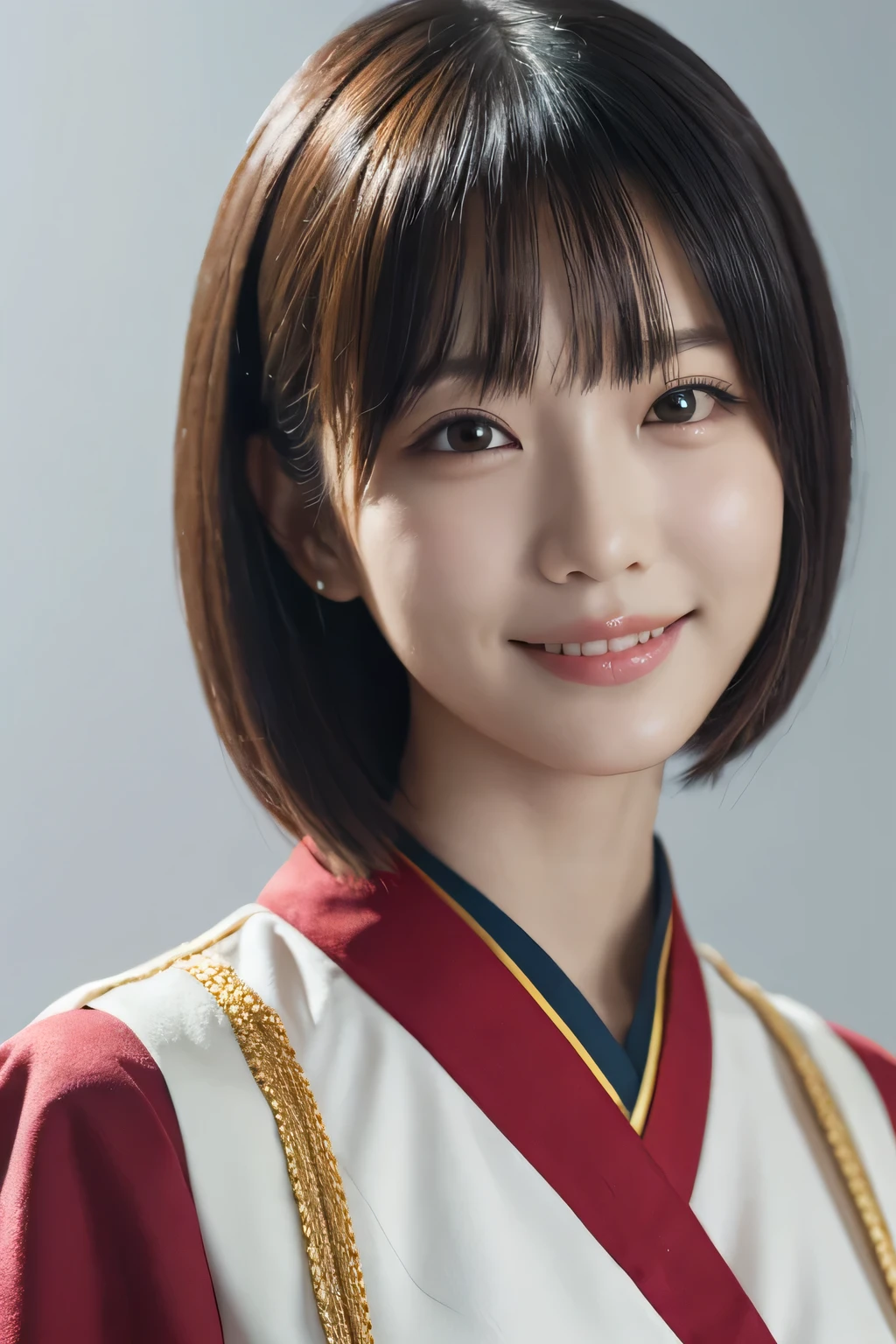 1 girl, (Wearing colorful stage costumes:1.2), Very beautiful Japanese idol portraits, Face close-up,
(RAW Photos, highest quality), (Realistic, Realistic:1.4), (masterpiece), 
Very delicate and beautiful, Very detailed, 2k wallpaper, wonderful, finely, Very detailed CG Unity 8K wallpaper, Very detailed, High resolution, Soft Light, 
Beautiful detailed girl, Very detailed目と顔, Beautiful and sophisticated nose, Finely beautiful eyes, Cinema Lighting, 
(Simple light color background:1.3),
(short hair), (Bob),
Complete Anatomy, Slender body, Small breasts, smile