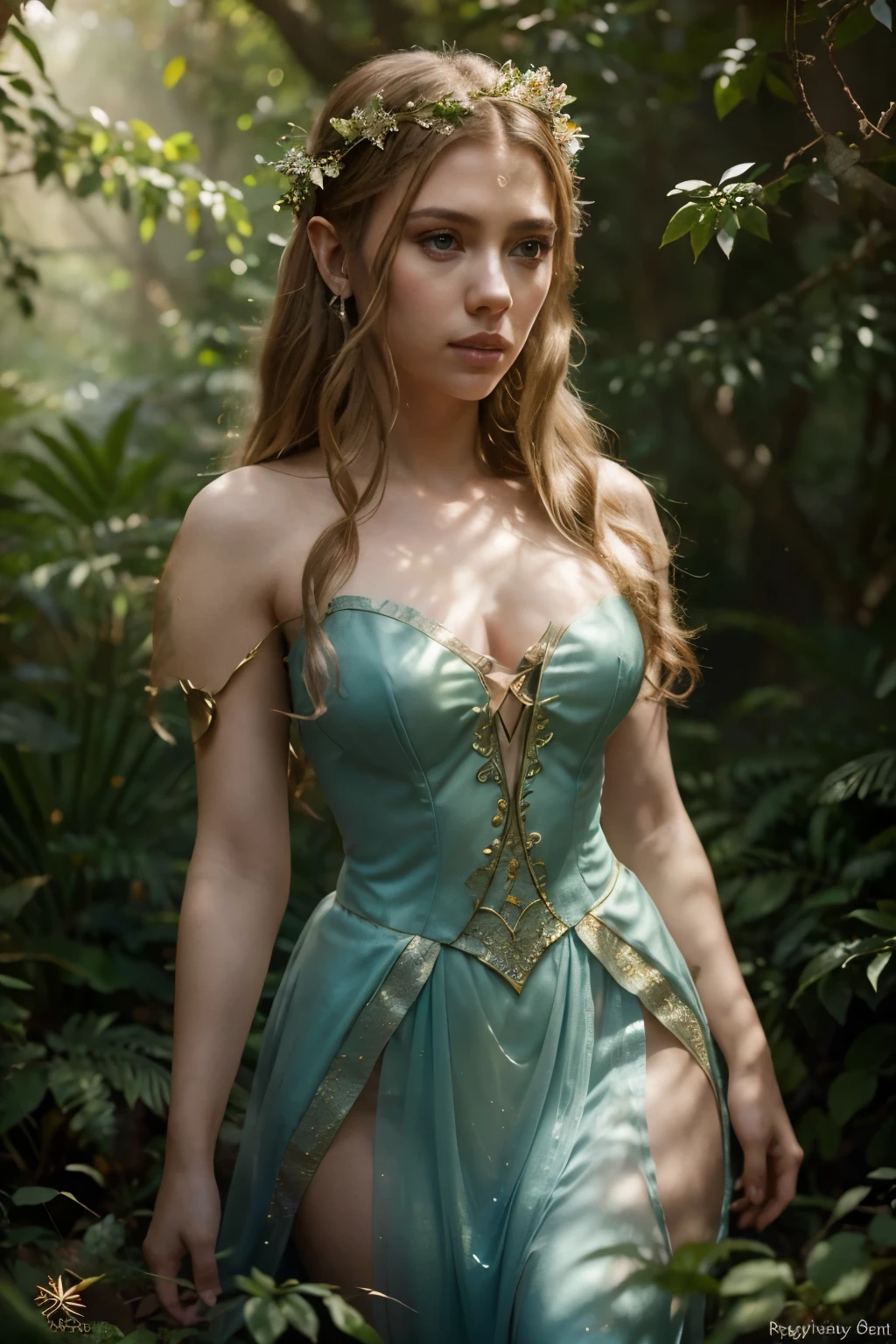best quality,ultra-realistic,Scarlett Johansson as a beautiful elf,elven princess in a magical forest scene,hint of mystery and enchantment,elaborate costume and delicate crown,detailed facial features with piercing blue eyes and full lips,graceful posture and ethereal aura,golden sunlight filtering through the trees,soft and vibrant colors,moody atmosphere,evoking a sense of wonder,subtle glow and shimmering effects,majestic creatures like unicorns and fairies in the background,delicate leaves and flowers embellishing the surroundings,elaborate attention to nature and texture,painting-like aesthetics,photorealistic rendering of the actress's features,creating a masterpiece of fantasy and beauty,vivid and lively portrayal of the Elven world,immersive and cinematic,ideal for a fantasy movie poster or book cover.