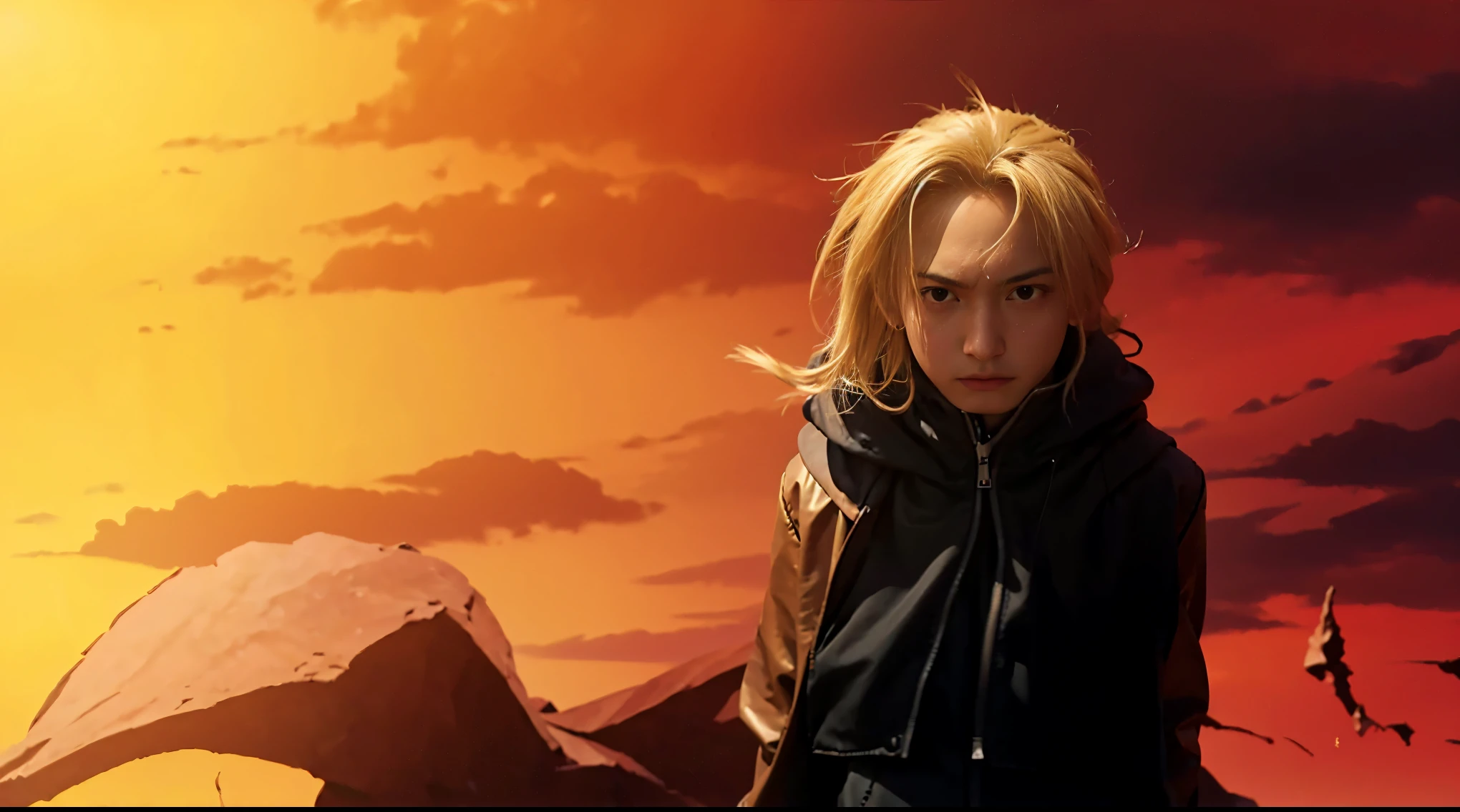 The scene opens with a young man, blonde hair windblown, standing in the middle of a vast, empty field. He’s clad in a dark, hooded jacket with a red coat billowing around him. The setting sun casts long, dramatic shadows across the landscape, turning the sky into a fiery blend of orange and red. The man’s face is grim, eyes narrowed in concentration, as he stares intently into the distance, looking at viewer, (red jacket)
A sense of quiet tension fills the air. His posture is tense, his shoulders squared, suggesting he's anticipating something. The stillness of the scene, punctuated only by the soft rustling of the wind, heightens the sense of impending action.
In the far distance, just barely visible against the fiery sky, the outline of two figures can be glimpsed. The silhouettes are too far away to make out details, but they add a sense of anticipation and mystery to the scene. It’s clear that the man in the foreground is watching these figures closely, his gaze unwavering.
The scene ends with a slow zoom in on the man's face, emphasizing his serious expression. The camera lingers on his eyes, their intensity mirroring the unspoken weight of the moment.