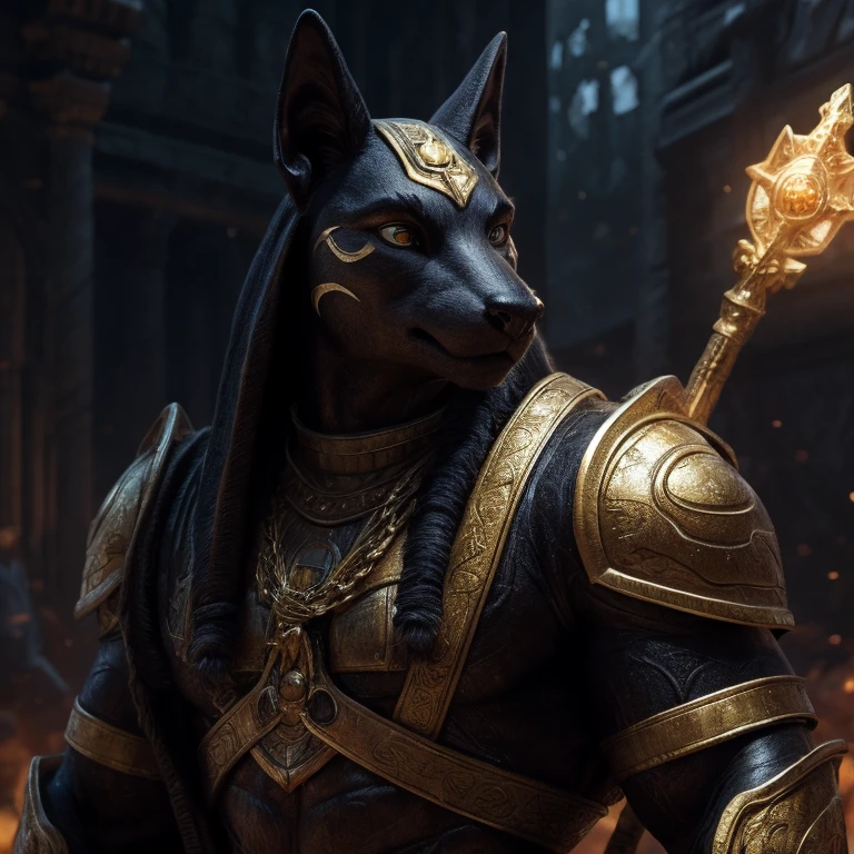 portrait, anubis, cinematic, complex background, wearing golden armor, serious menecing expression, holding a golden staff on the right hand,