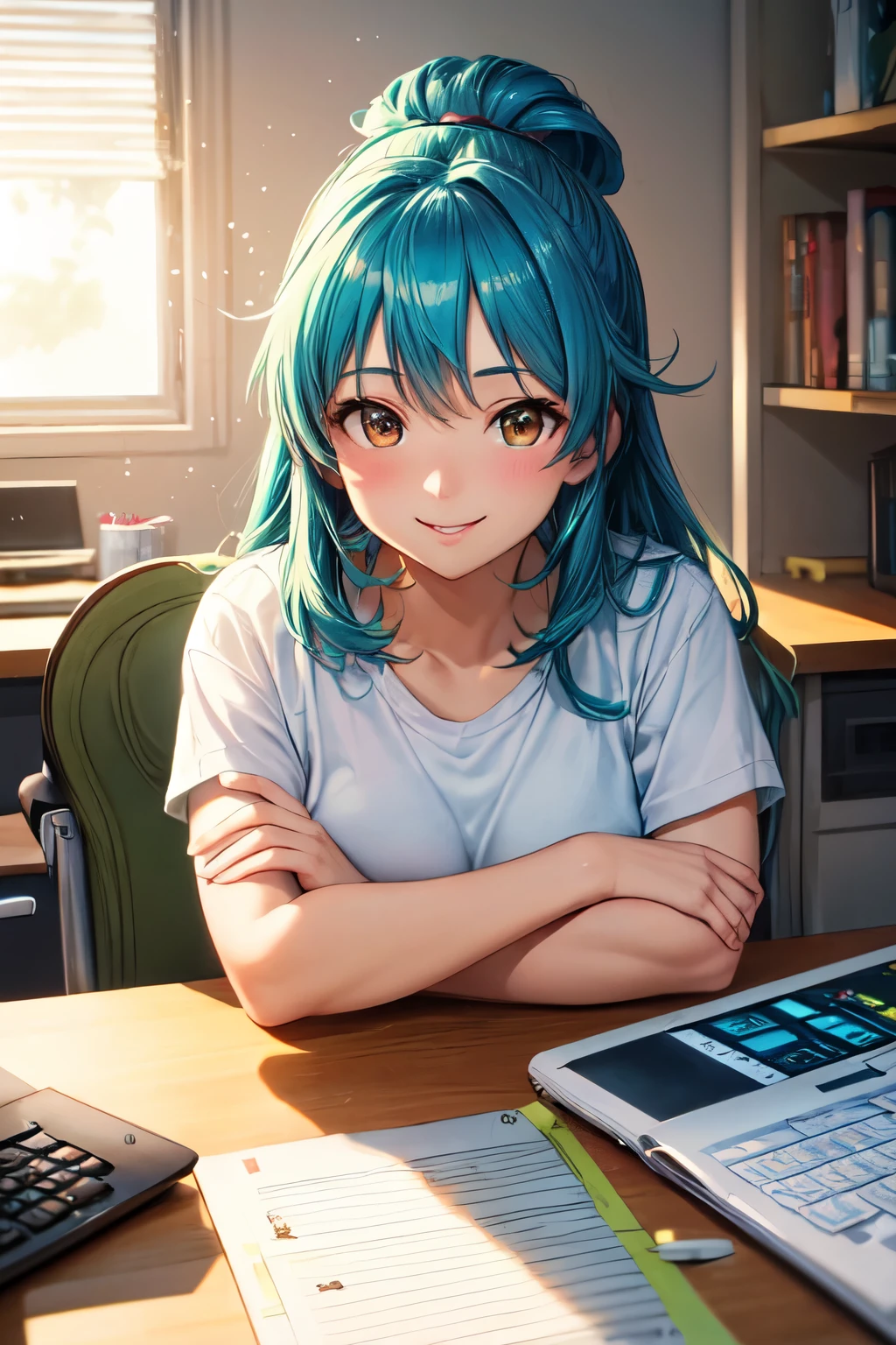 ((melhor qualidade)), ((Obra de arte)), (detalhado), Desk, com luzes do raios do sol iluminando a cena, estilo anime um Desk criativo e colorido com uma mulher estilo anime sentada na cadeira sorrindo, com computador do lado
