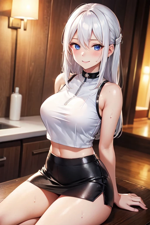 (High quality, High resolution, Fine details), BREAK (white crop top, black leather short skirt, black panties), 21 yo, solo, women, BREAK white middle hair, sparkling eyes, (Detailed eyes:1.2), smile, blush, Sweat, Oily skin, shallow depth of field, full body, seductive, spicy,