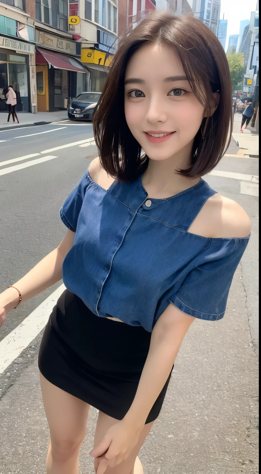 ((top-quality、8K、masterpiece:1.3))、1girl in、A smile、full body Esbian、Slim Faces、Pretty women、g-cup:1.2、Valley、 a short bob、(dark brown hair)、Small Nipples、Thin shirt、Short skirt:1.1、hyperdetailed face、A detailed eye、double eyelid、blured background、Slim Faces、City、takeout、a street、Stay with the dog:1.3、pet、Staring at the dog、Frolic with pets、prety dog