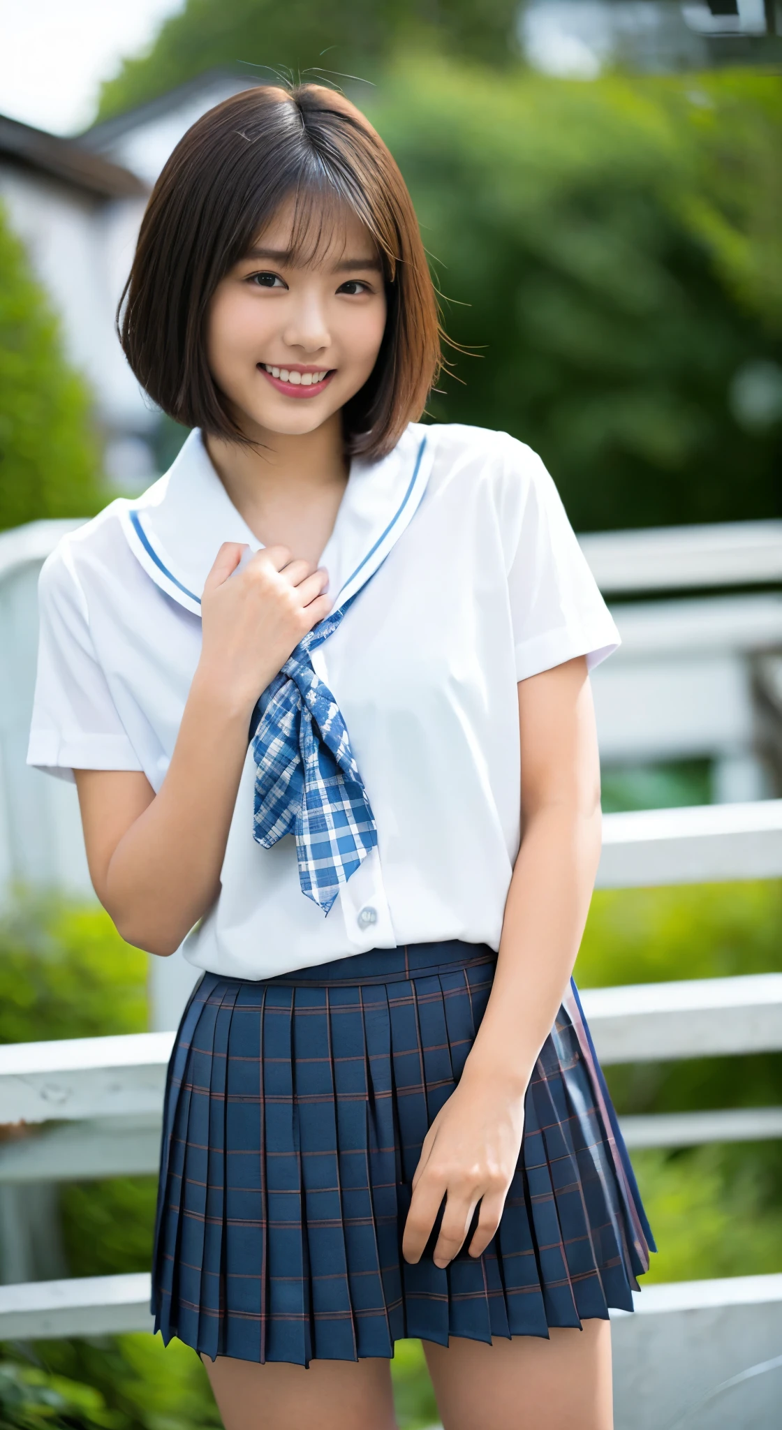 masterpiece, highest quality, Complete Anatomy、RAW Photos, Realistic、(Cute Face:1.8)、(Very cute smile:1.8)、(Round face:1.9)、(Very cute face like an idol:1.8), Black-haired、Written boundary depth, High resolution, Very detailed, Very detailed目と顔, Realistic student, Sharp focus, Cinema Lighting、(Clothing that emphasizes the bulge of the chest:1.5)、19 year old woman、One Woman、 (Very Short Hair:1.7)、 (School uniform of Japan girls' high school:1.6)、Very detailed8k壁紙、(Very short checkered pleated skirt:1.3)、(Use both hands to pull up the hem of your skirt、Showing her white to the camera:1.6)、(whole body:1.5)、Are standing、Angle from below、(Thigh close-up:1.5)、Written boundary depth、Background Blur