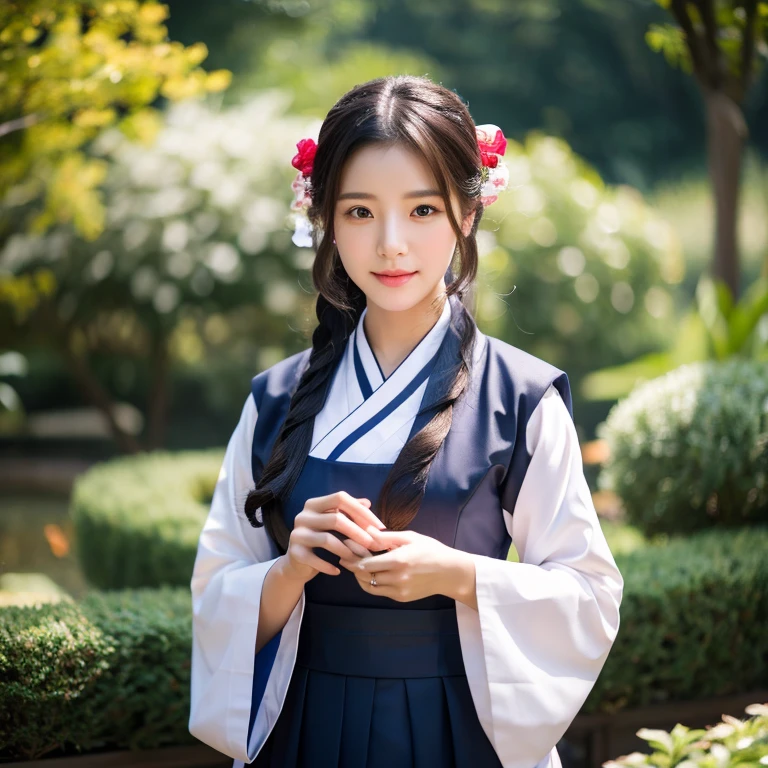 Close-up of a woman in a dark red, dark black, dark blue dress., standing in the garden, beautiful south korean woman, ผู้หญิงในชุดสีแดงเข้มสีดำเข้มน้ำเงินเข้ม Hanfu, Korean girl, korean woman, korean Hanbok, beautiful young korean woman, korean woman, Hanbok, Japanese clothes, Hanfu, Hanbok apron, นางแบบแฟชั่นkorean woman, traditional chinese clothing Taken with a high quality camera 45,000,000,000 pixels 16k,,