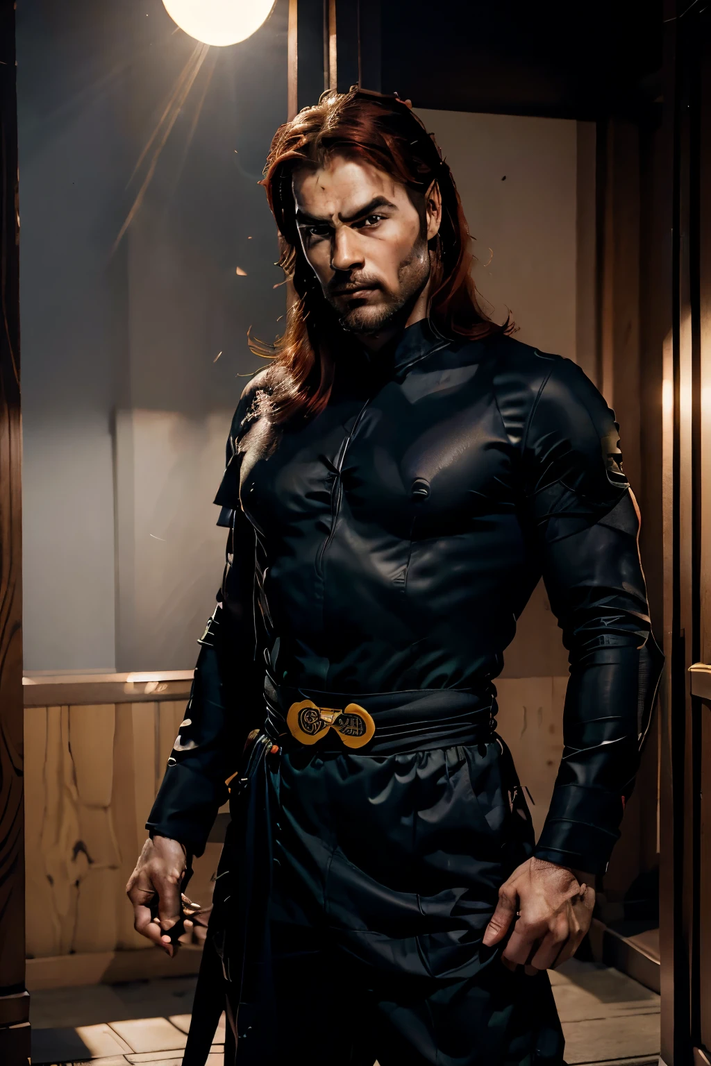 front view, dramatic lighting, cinematic, a man with long red hair, about thirty years old, his features are serious and hard, amber eyes, a thin beard on his face, no mustache, his skin is reddish, is wearing an outfit that resembles a futuristic kimono, standing against the sun, fantasy theme, 8k, HDR, --ar 1:2--V4
