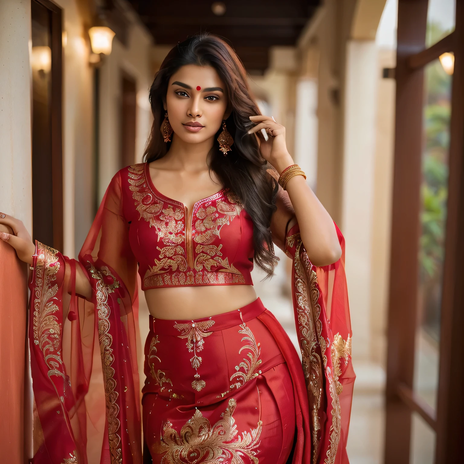 a woman in a red and gold outfit posing for a picture, traditional beauty, wearing red attire, indian, wearing a red outfit, indian goddess, gorgeous woman, very attractive and beautiful, elegant!!, indian super model, very beautiful enga style, wearing red clothes, red clothes, cute woman, stunning woman, attractive girl, stylish pose, beautiful woman, portrait shot