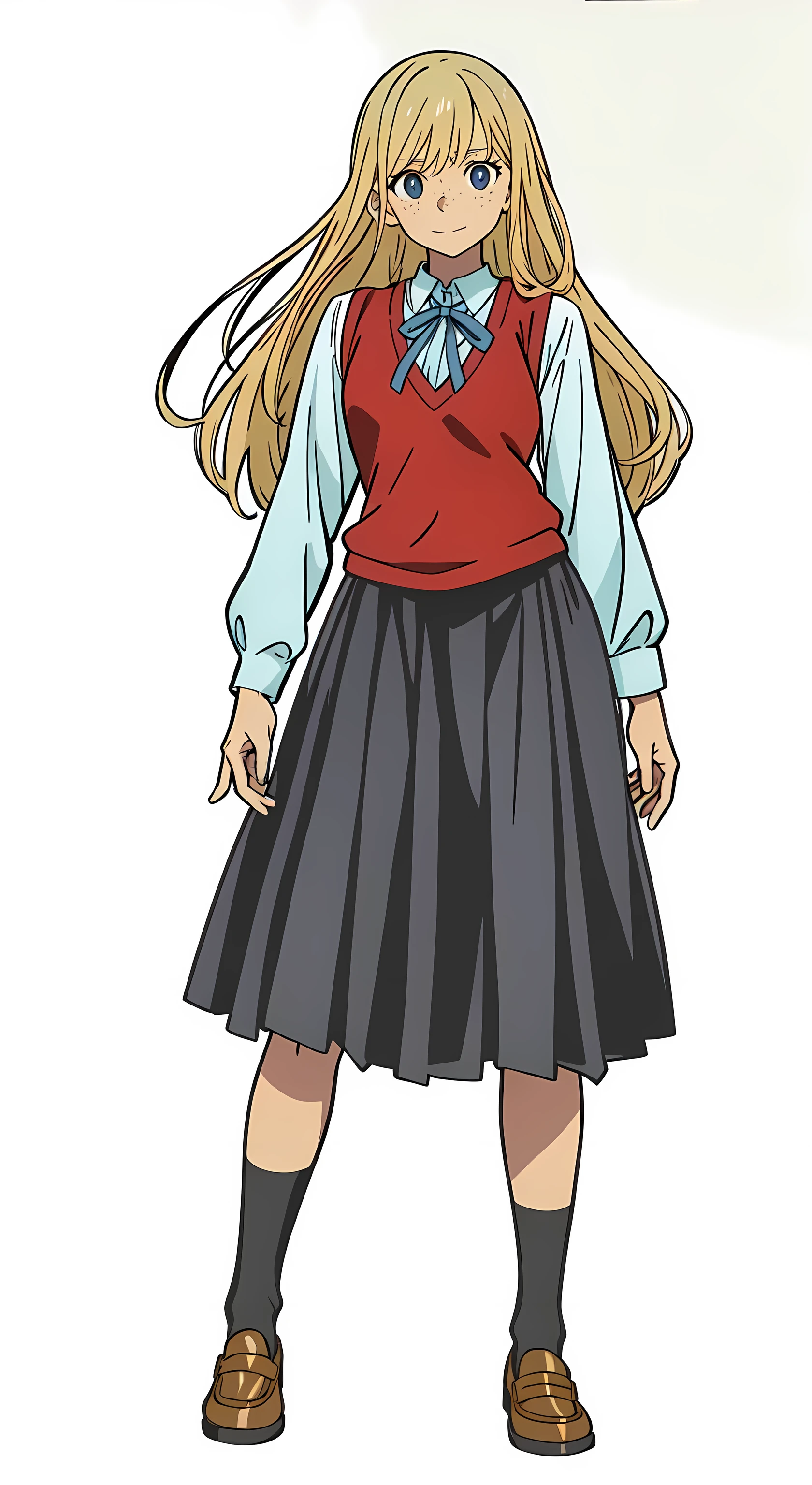 (best quality:1.0), (masterpiece:1.0), (super fine illustration:1.0), (beautiful artwork:1.0), (anime screencap:1.0), (official art:1.0), (european:1.0), (cheerful:1.0), (white background:1.0), (best quality:1.0), (masterpiece:1.0), (super fine illustration:1.0), (beautiful artwork:1.0), (anime screencap:1.0), (official art:1.0), (solo:1.0), (european:1.0), (a 18yo cute girl:1.0), (long skirt:1.0), (black skirt:1.0), (pleated skirt:1.0), (red knit vest:1.0), (white long sleeve collared shirt:1.0), (blue neck ribbon:1.0), (loafers:1.0), (black socks:1.0), (ideal ratio body proportions:1.0), (lanky:1.0), (tall:1.0), (slender:1.0), (small breasts:1.0), (smaller face:1.0), (tareme:1.0), (freckles:1.0), (detailed beautiful eyes:1.0), (detailed beautiful face:1.0), (glowing blue eyes:1.0), (long hair:1.0), (swept bangs:1.0), (blonde hair:1.0), (standing:1.0), (looking at viewer:1.0)