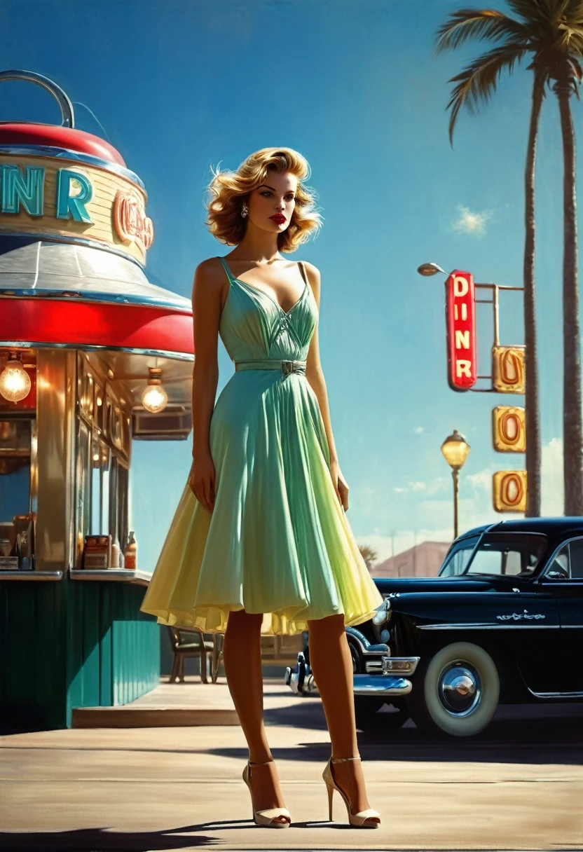 Beautiful model in a cute dress standing near a diner, fashionable, windy, art deco. Perfect anatomy, beautiful face. Peter Elson style, Alexey Maleev, Ryohei Hase, Rafael Sanzio, Pino Daeni, Charlie Bowett, Albert Joseph Peno, Ray Caesar, Ritts grass style, color....top quality, masterpiece, (full length, wide angle, centered , without trimming) - ar 9:16 - ar 1:2