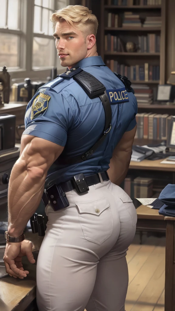 A 30 years old sexy blond police man showing his big butt at the departament officer, strong arms and legs, extremely well detailed, full precision, art by Tom da Finland, gaston bussiere, Alphonse Mucha, William-Adolphe Bouguereau