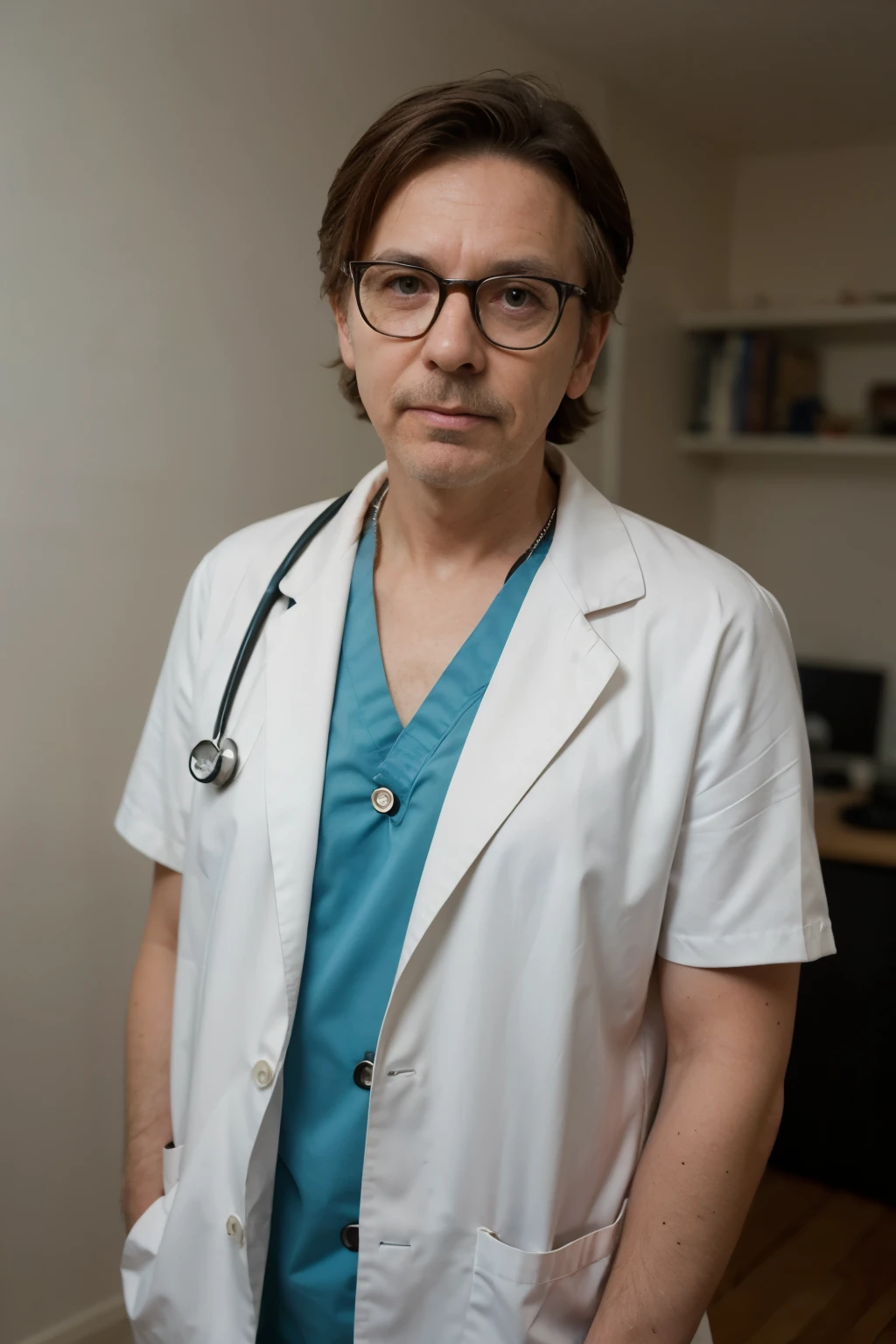create a fully cartoon image of Doctor oldMan with a blurred background