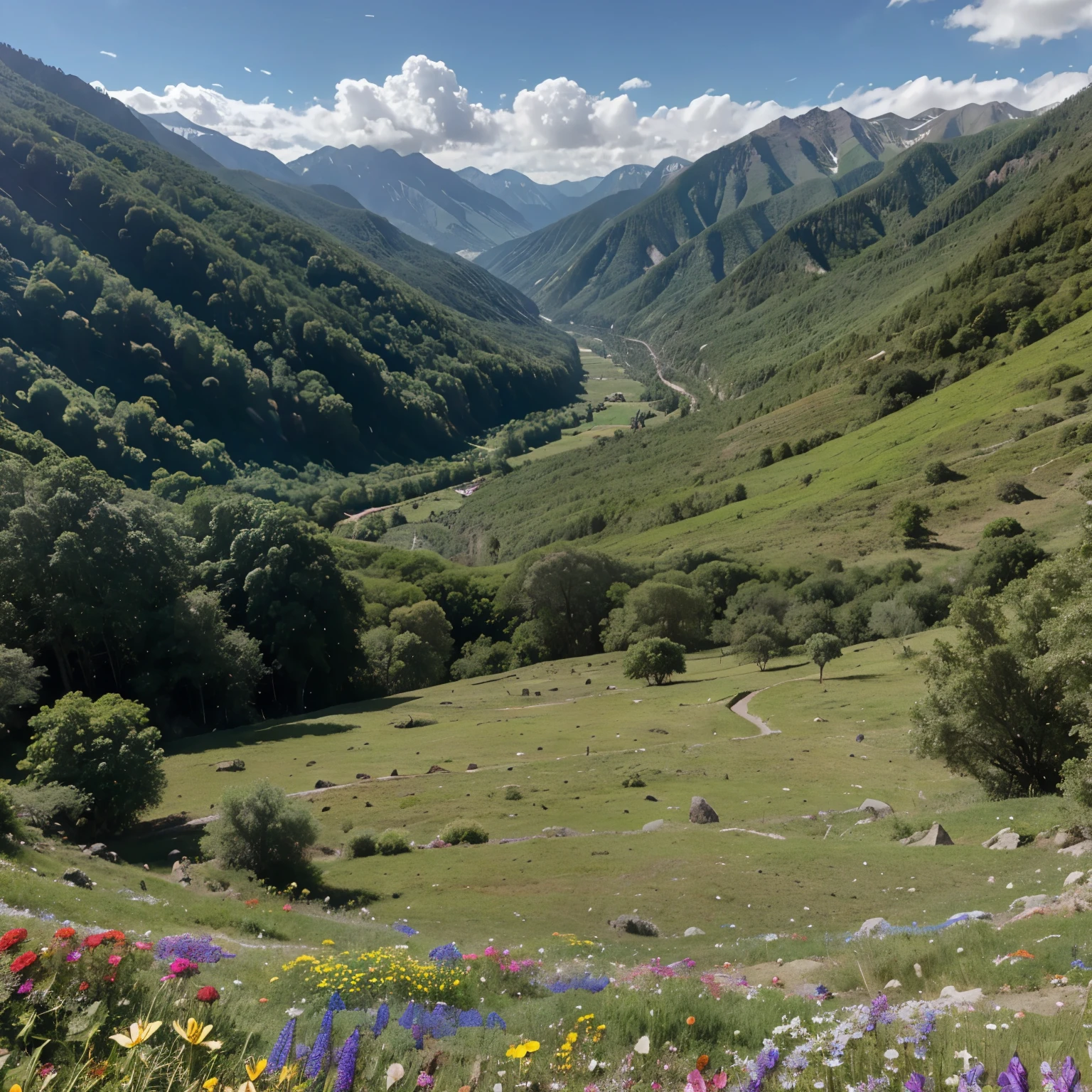 A valley surrounded by mountains in a dense forest, aguas cristalinas, sol, trees and wildflowers, nubes,from the top of a mountain create a rainbow