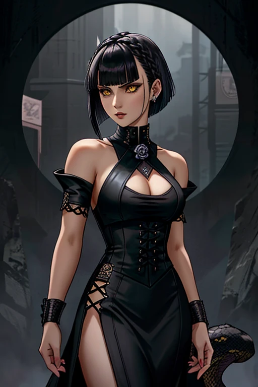 Tekken-style female character, yellow eye irises like a snake's, short black gothic style hair with long bangs passing from the shoulders, soft bangs on the forehead and short back haircut exposing the nape of the neck, soft cornrow near the ear with a small black rose adorning the hair, wearing elegant gothic dress