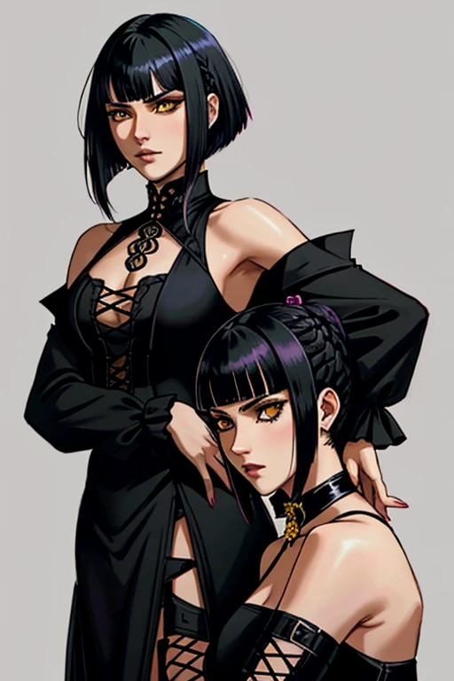 Tekken-style female character, yellow eye irises like a snake's, short black gothic style hair with long bangs passing from the shoulders, soft bangs on the forehead and short back haircut exposing the nape of the neck, soft cornrow near the ear with a small black rose adorning the hair, wearing elegant gothic dress