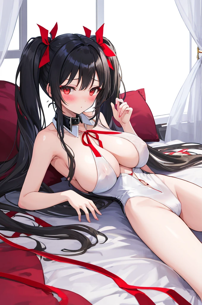 A woman with big ，Black long hair，twintails，Exquisite，(((transparent)))，Red ribbon，sleeveless，Loose collar，Protruding lower chest，Slim waist，pubic，blush，bedroom，Lying down，