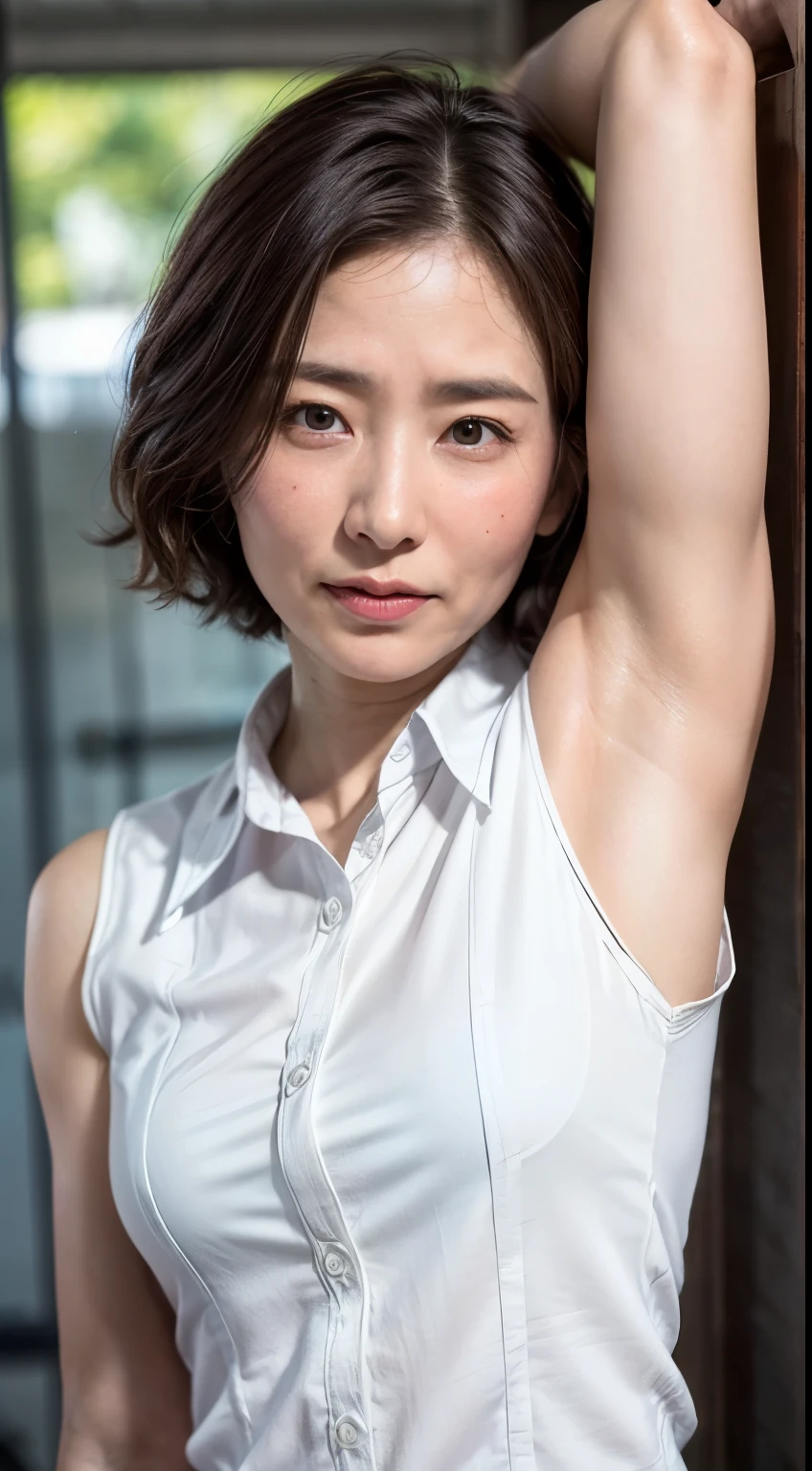 (Realistic:1.3、Ultra HD、Ultra-high resolution、8k、Japanese office lady、At work、White collared shirt、Sleep on your back)、((Looking at the camera:1.8))、(Extremely realistic skin texture:1.4)、(Realistic:1.3)、short hair、(Embarrassed expression:1.5)、(blonde:1.1)、(40-year-old woman、Mature Woman)、Ponytail hairstyle、(Lift your left arm and show your armpit:1.3)、(Armpit close-up:1.4)、(Shooting from the side:1.2)