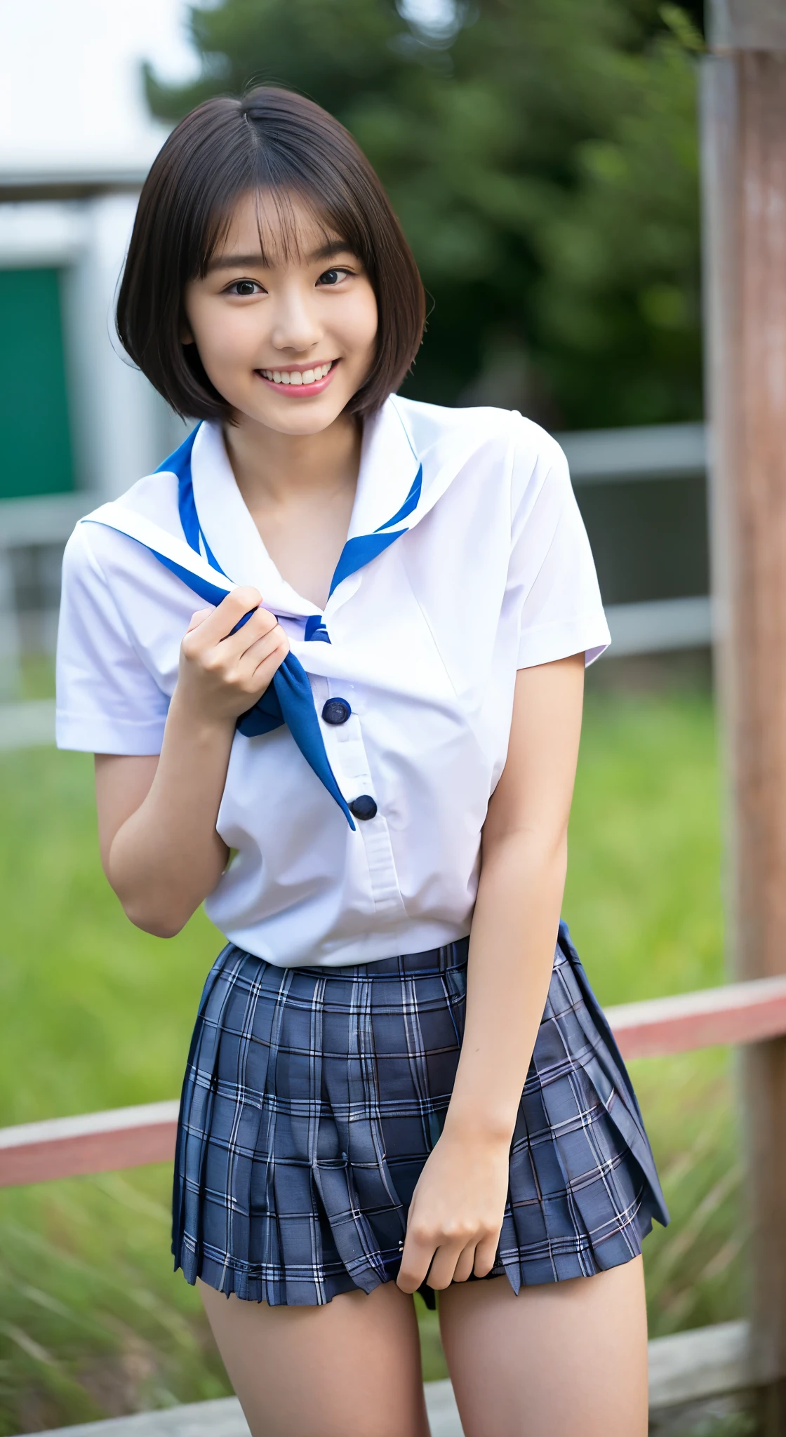 masterpiece, highest quality, Complete Anatomy、RAW Photos, Realistic、(Cute Face:1.8)、(Very cute smile:1.8)、(Round face:1.9)、(Very cute face like an idol:1.9), Black-haired、Written boundary depth, High resolution, Very detailed, Very detailed目と顔, Realistic student, Sharp focus, Cinema Lighting、(Clothing that emphasizes the bulge of the chest:1.3)、 (Large Breasts:1.7)、19 year old woman、One Woman、 (Very Short Hair:1.7)、 (School uniform of Japan girls' high school:1.6)、Very detailed8k壁紙、(Very short checkered pleated skirt:1.3)、(Use both hands to pull up the hem of your skirt、Showing her white panties to the camera:1.9)、(whole body:1.5)、Are standing、Angle from below、(Thigh close-up:1.6)、Written boundary depth、Background Blur