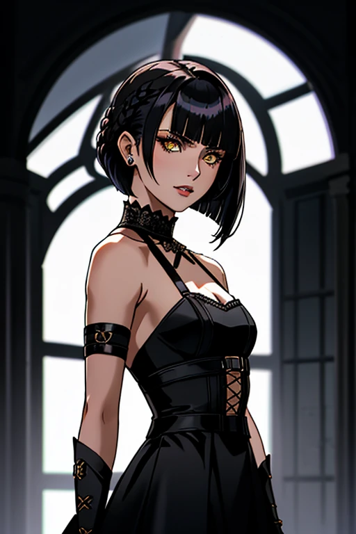 Tekken-style female character, yellow eye irises like a snake's, short black gothic style hair with long bangs passing from the shoulders, soft bangs on the forehead and short back haircut exposing the nape of the neck, soft cornrow near the ear with a small black rose adorning the hair, wearing elegant gothic dress