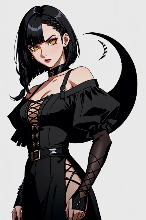 Tekken-style female character, yellow eye irises like a snake's, short black gothic style hair with long bangs passing from the shoulders, soft bangs on the forehead and short back haircut exposing the nape of the neck, soft cornrow near the ear with a small black rose adorning the hair, wearing elegant gothic dress