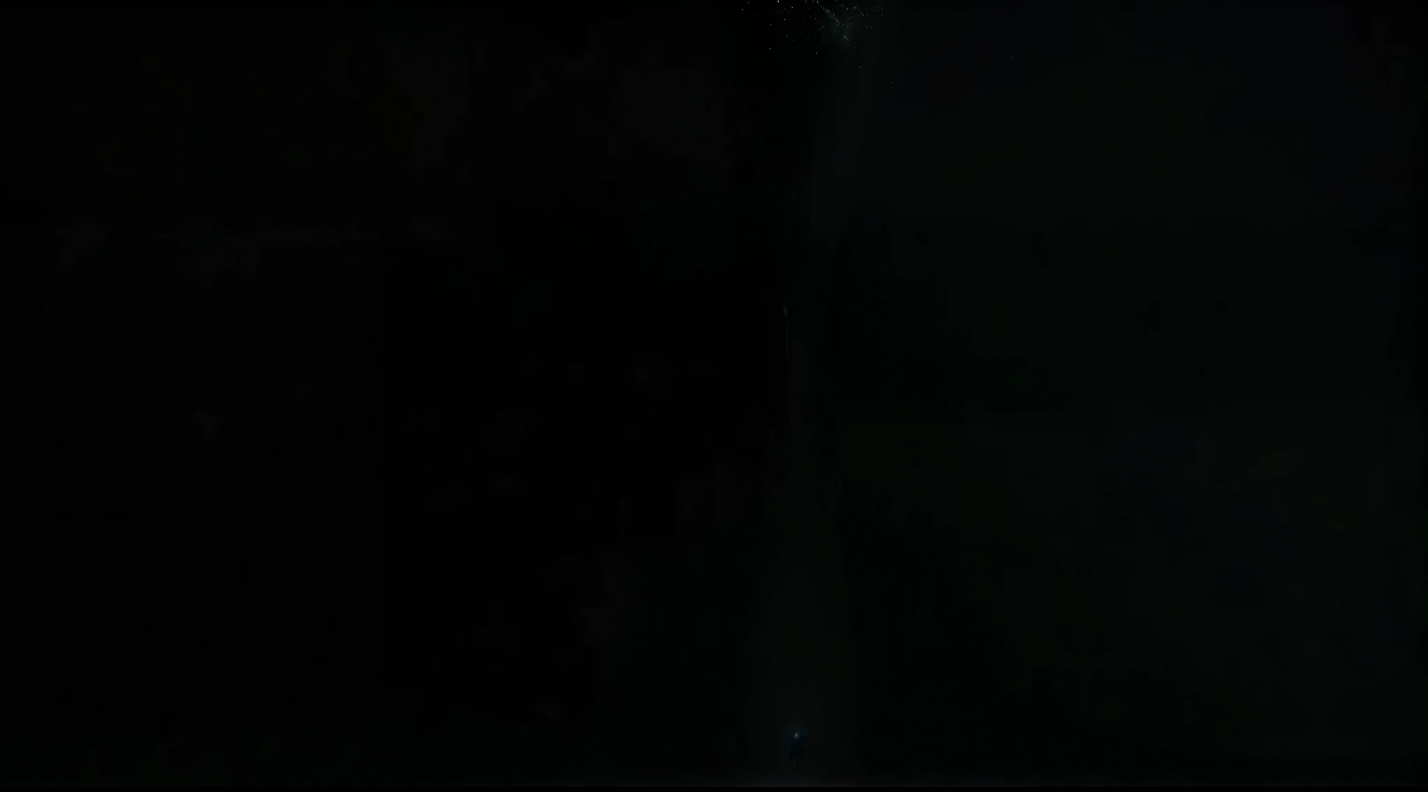 silent, empty, void, discarded, silent empty space, dark void, cold dark abyss, in the background a small figure stretch arms out towards a tiny spark of light, the focus of the image is the empty black space, minimalist, small dark ripples with glittering reflections on the ground, darkness envelops the scene