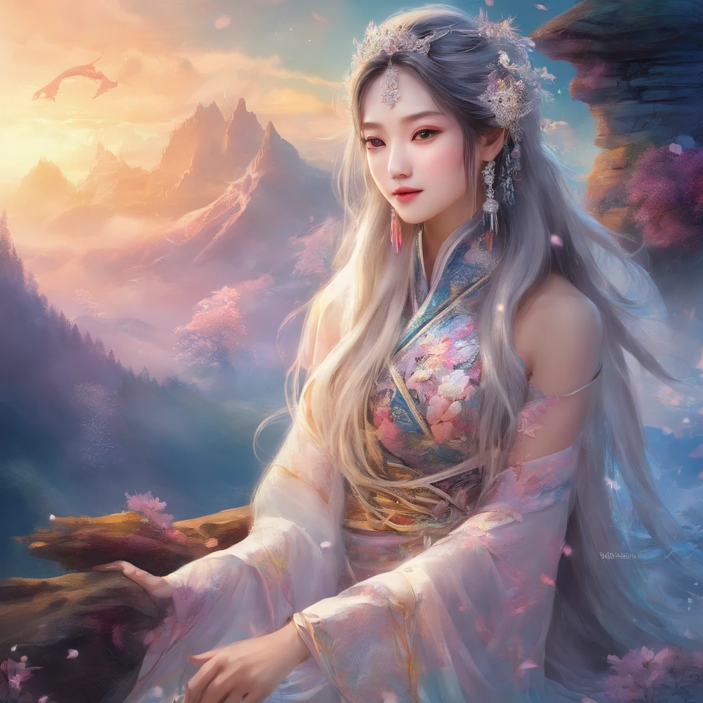 A stunning portrait of an elegant woman with long silver hair shawl wearing a beautiful oriental style costume (vivid body details) and a charming young girl (18 years old) wearing Hanfu (wuxia style with long ice crystals) skirt), cleavage, snowy mountains, cold air, icy garden (fantasy), sitting on a rock at nightfall